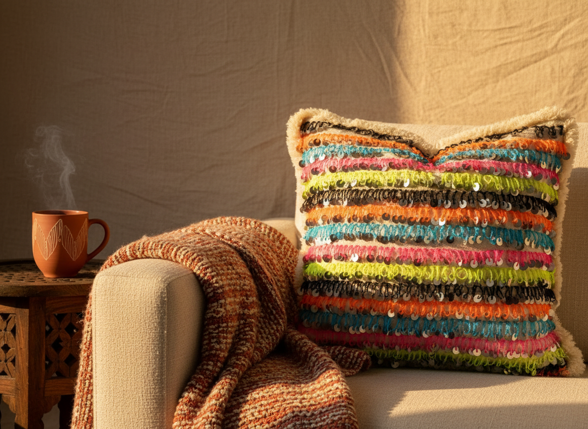 Handira Wedding Blanket Pillow Cover with Sequins and Pom Poms