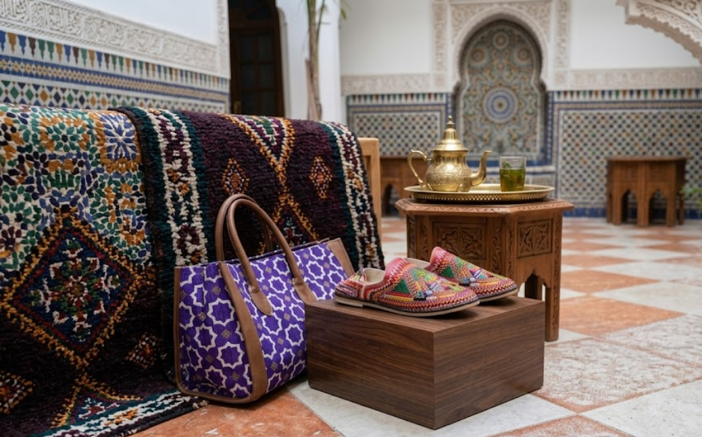 Handmade embroidered Moroccan babouche leather slippers displayed on a wooden stand in a traditional riad courtyard with zellige tilework, a brass Moroccan teapot, and a mint tea glass in the background