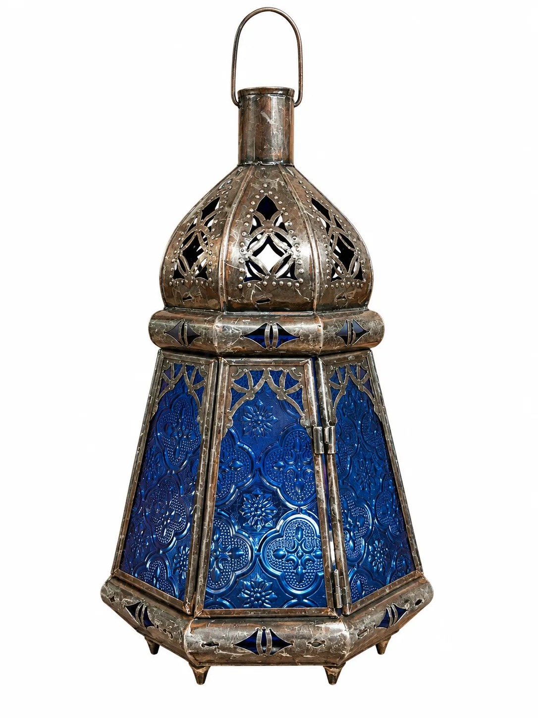 Handcrafted Moroccan Bronze Lantern, Engraved Brass with Amber Glas