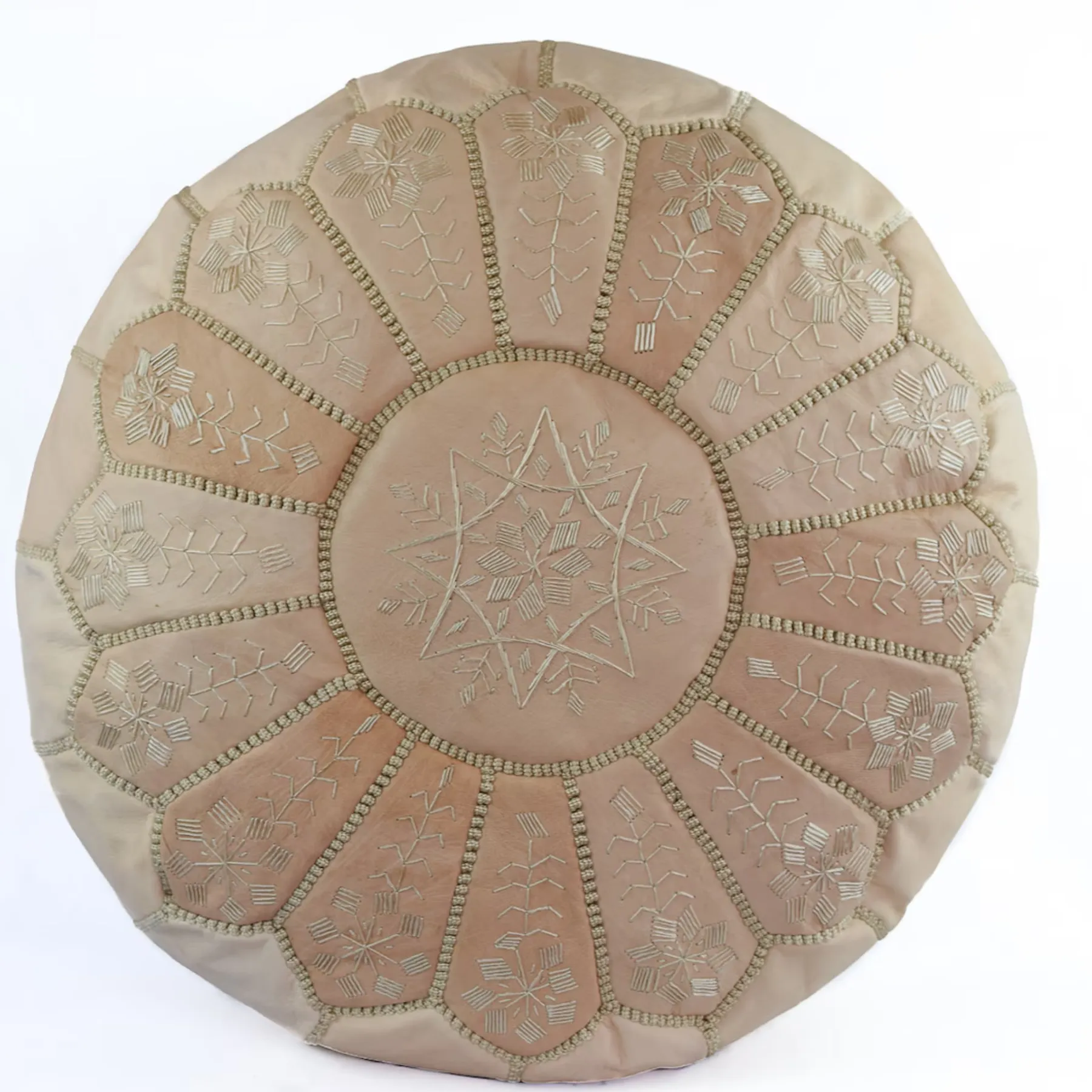 Beige Leather Pouf with Floral Detail