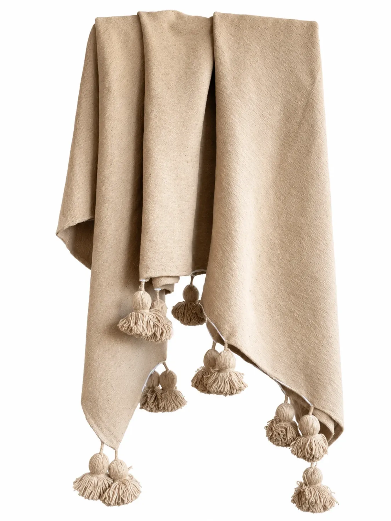 Handwoven Beige Cotton Throw Blanket with Tassels, 300 × 250 cm