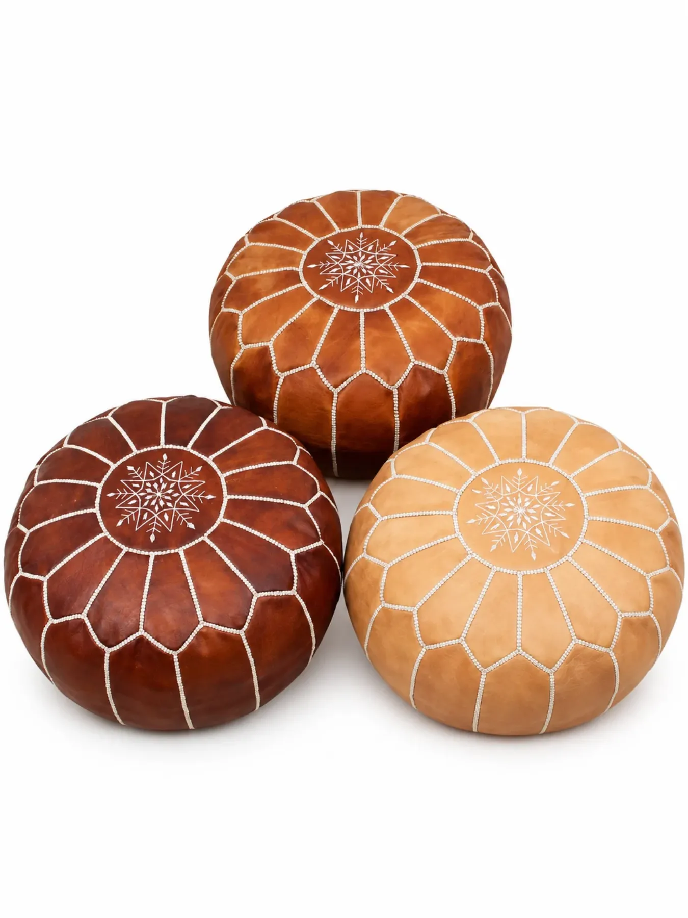 Handcrafted Moroccan Leather Pouf, Brown Leather Ottoman with White Stitching