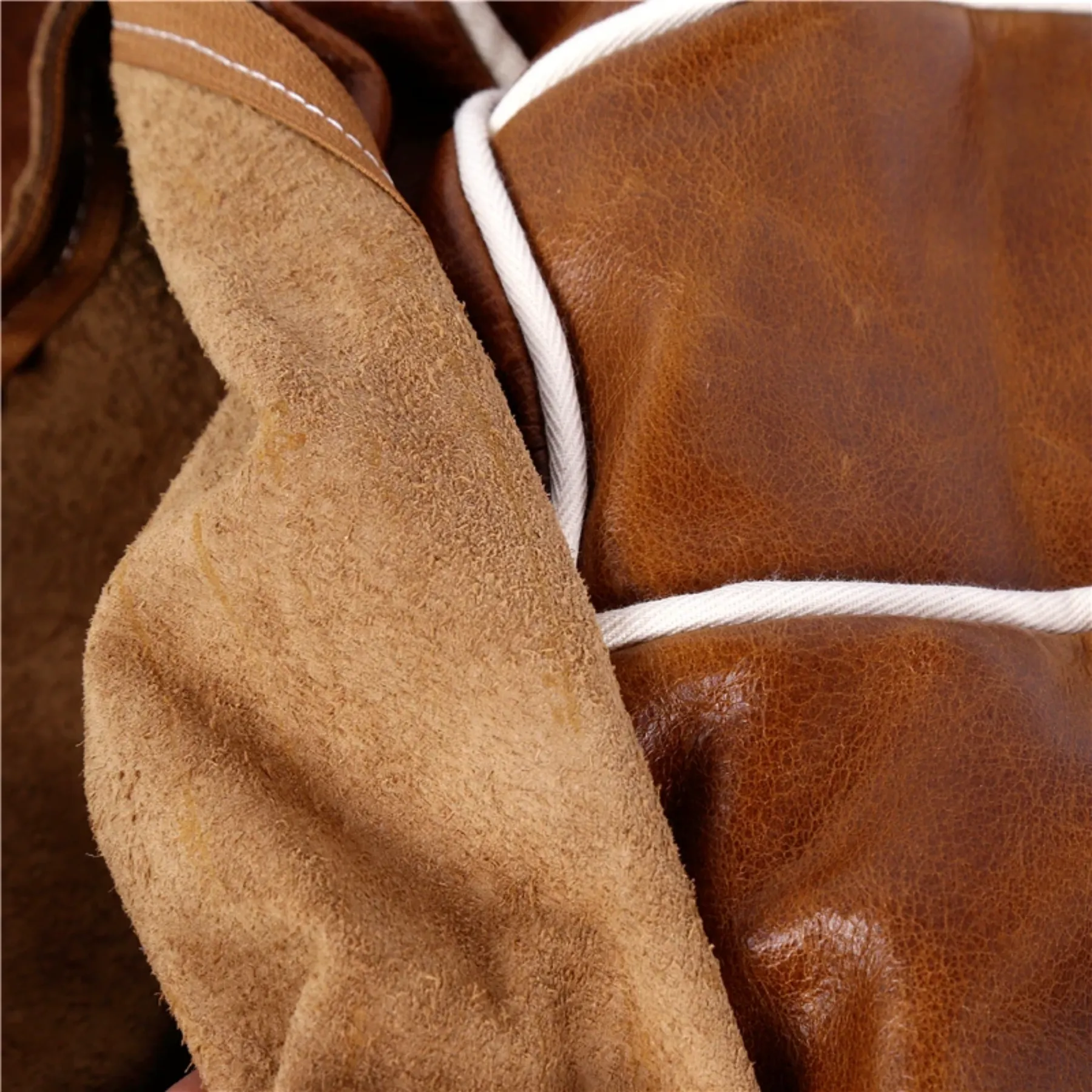 Brown Leather Pouf with White Stitching – Handcrafted Moroccan Ottoman — view 2