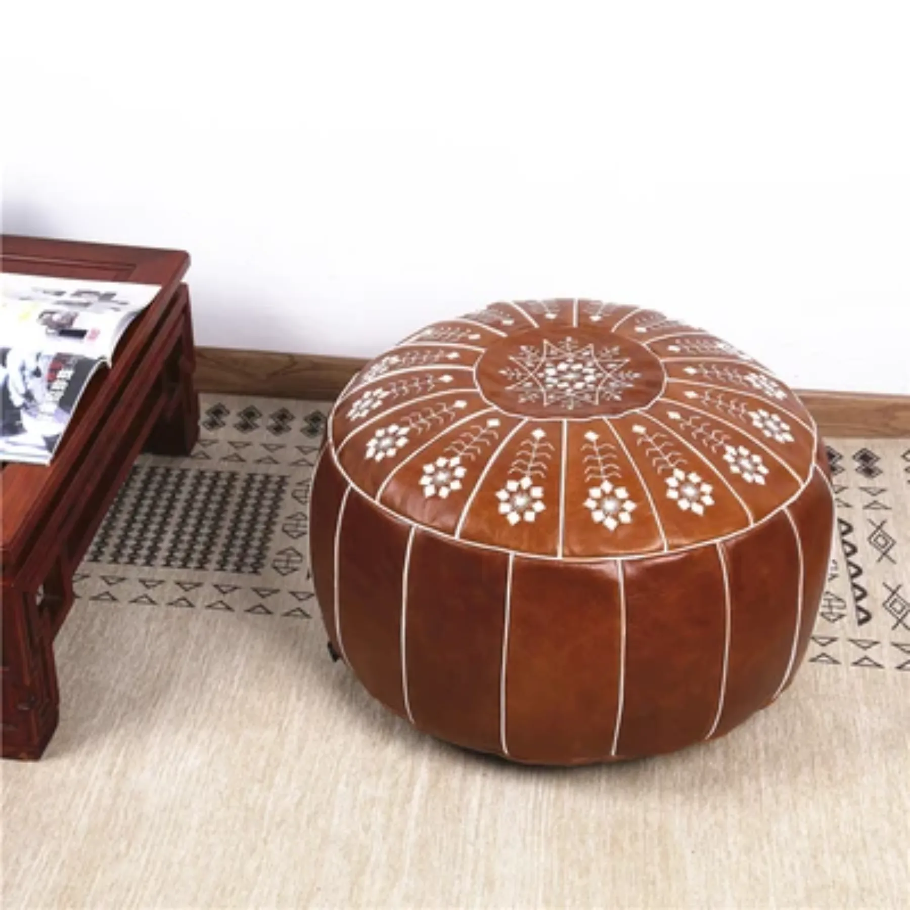 Brown Leather Pouf with White Stitching – Handcrafted Moroccan Ottoman — view 5