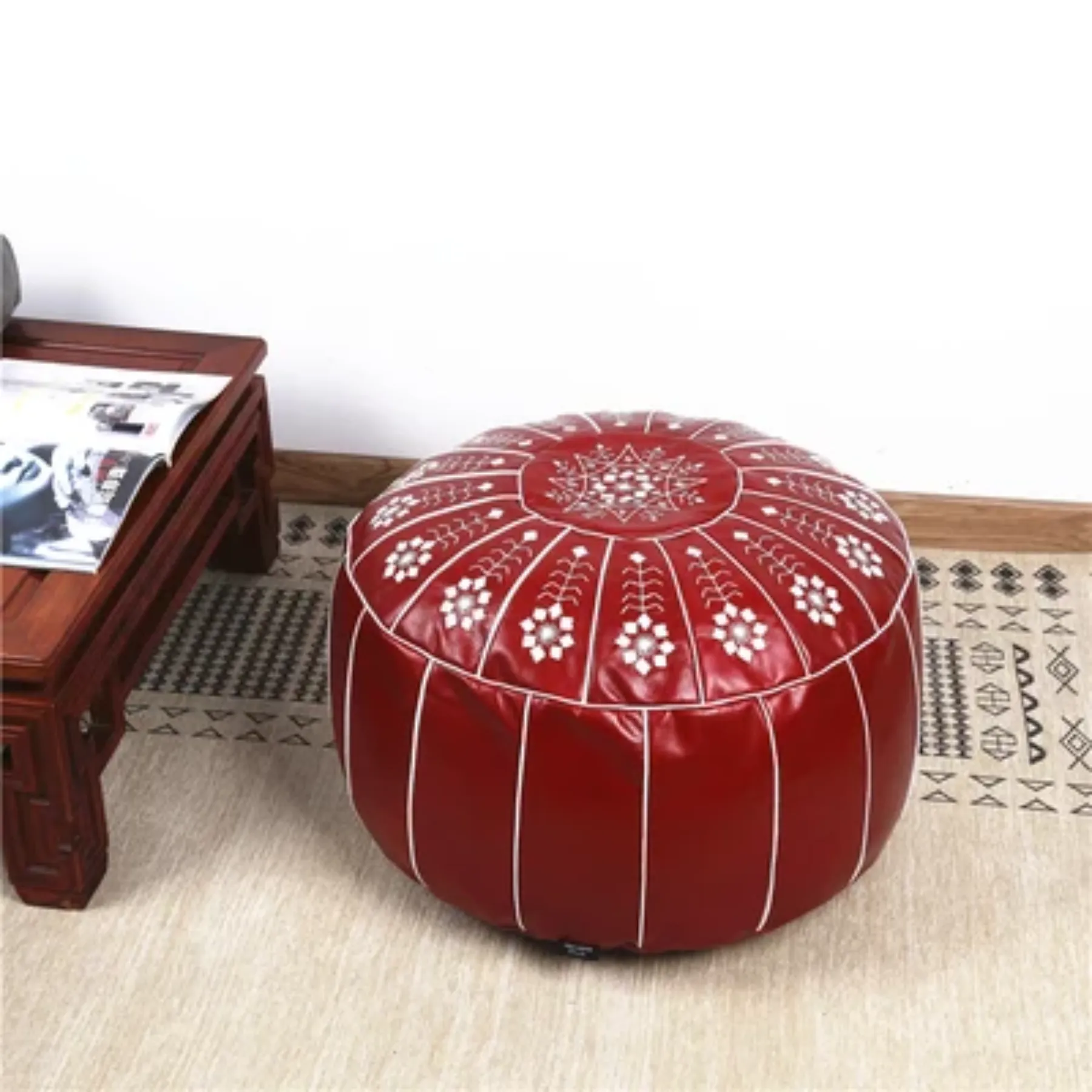 Brown Leather Pouf with White Stitching – Handcrafted Moroccan Ottoman — view 6