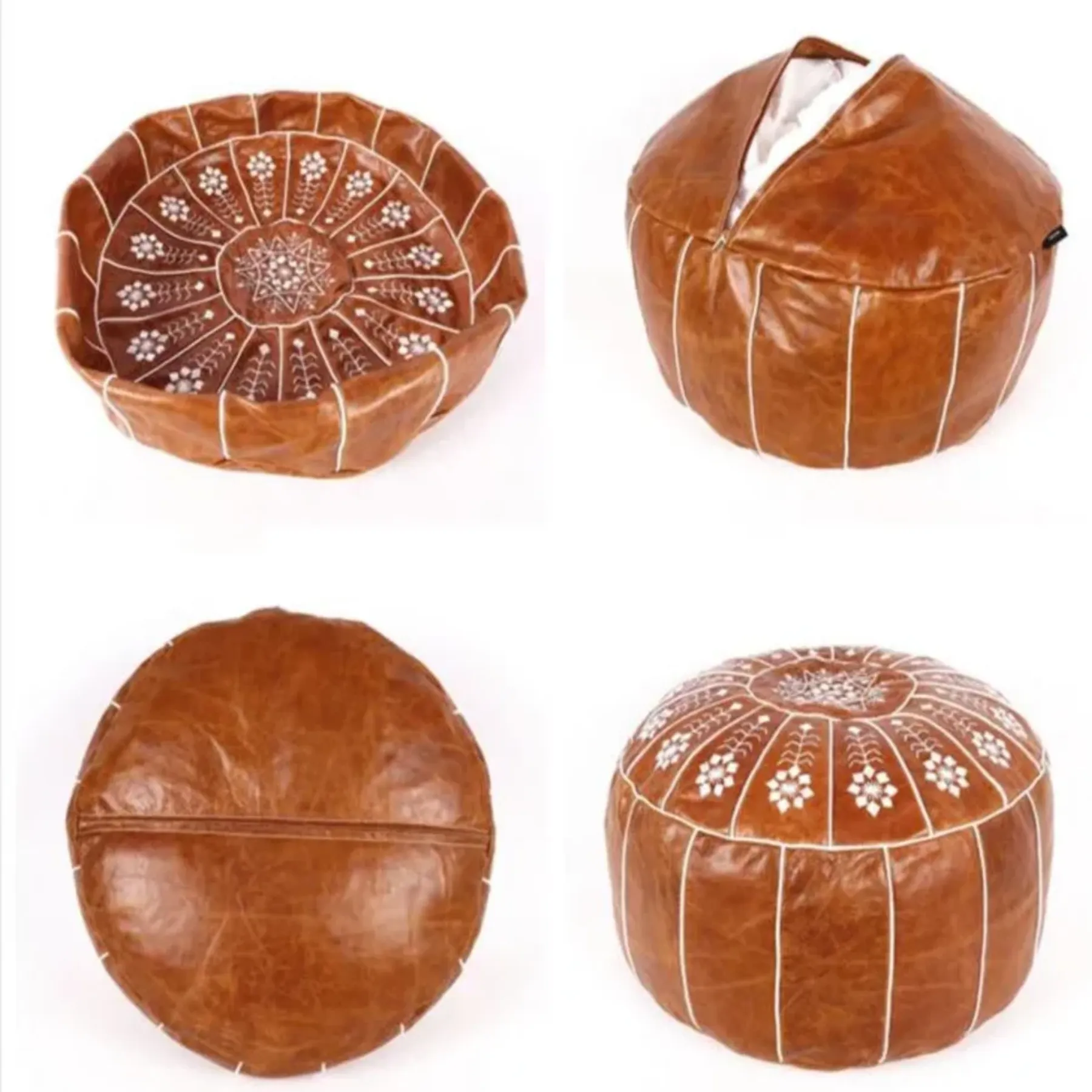 Brown Leather Pouf with White Stitching – Handcrafted Moroccan Ottoman