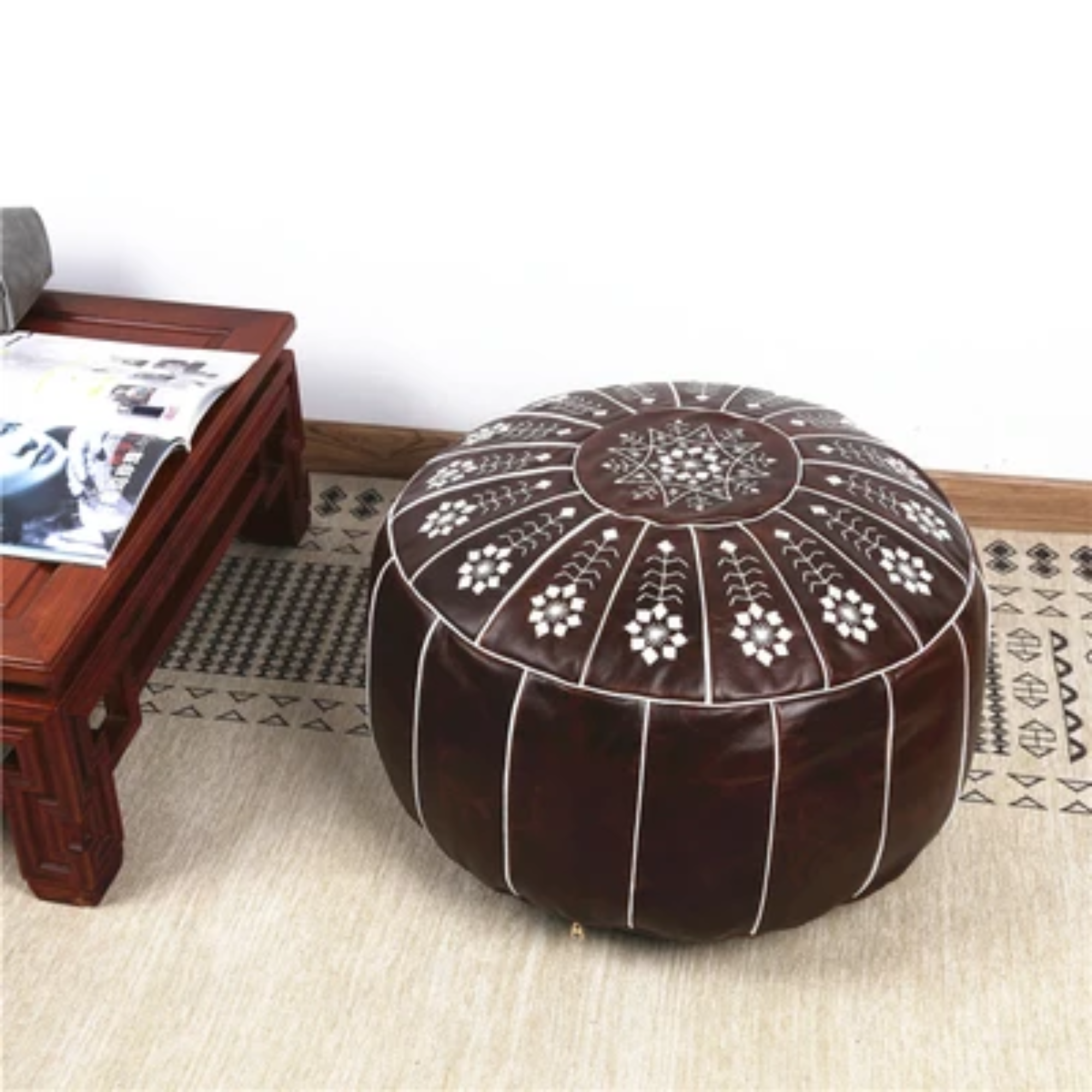 Brown Leather Pouf with White Stitching – Handcrafted Moroccan Ottoman — view 7
