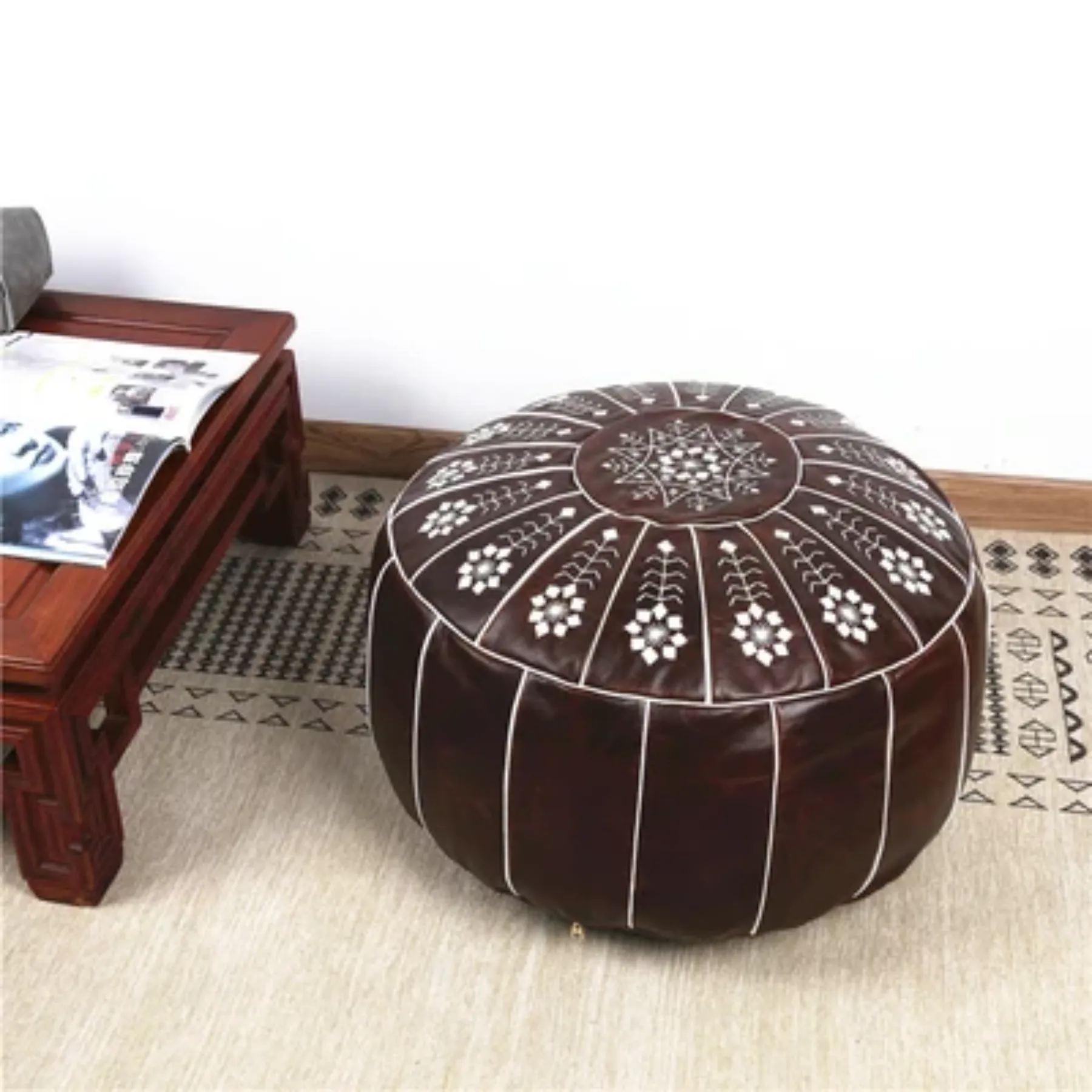 Brown Leather Pouf with White Stitching – Handcrafted Moroccan Ottoman — view 7