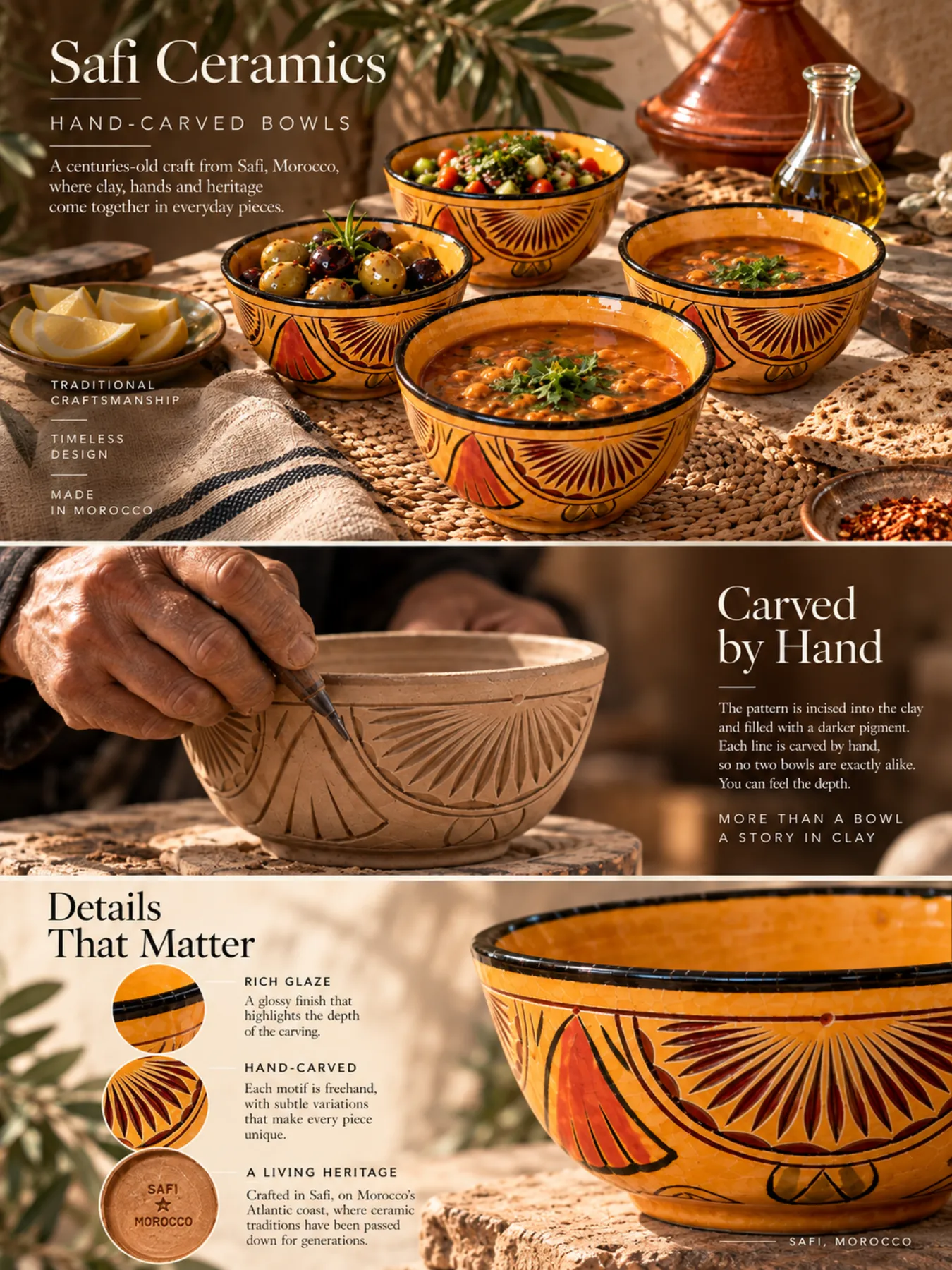 Hand-Carved Safi Ceramic Bowls Set of 4, 10cm, view 2