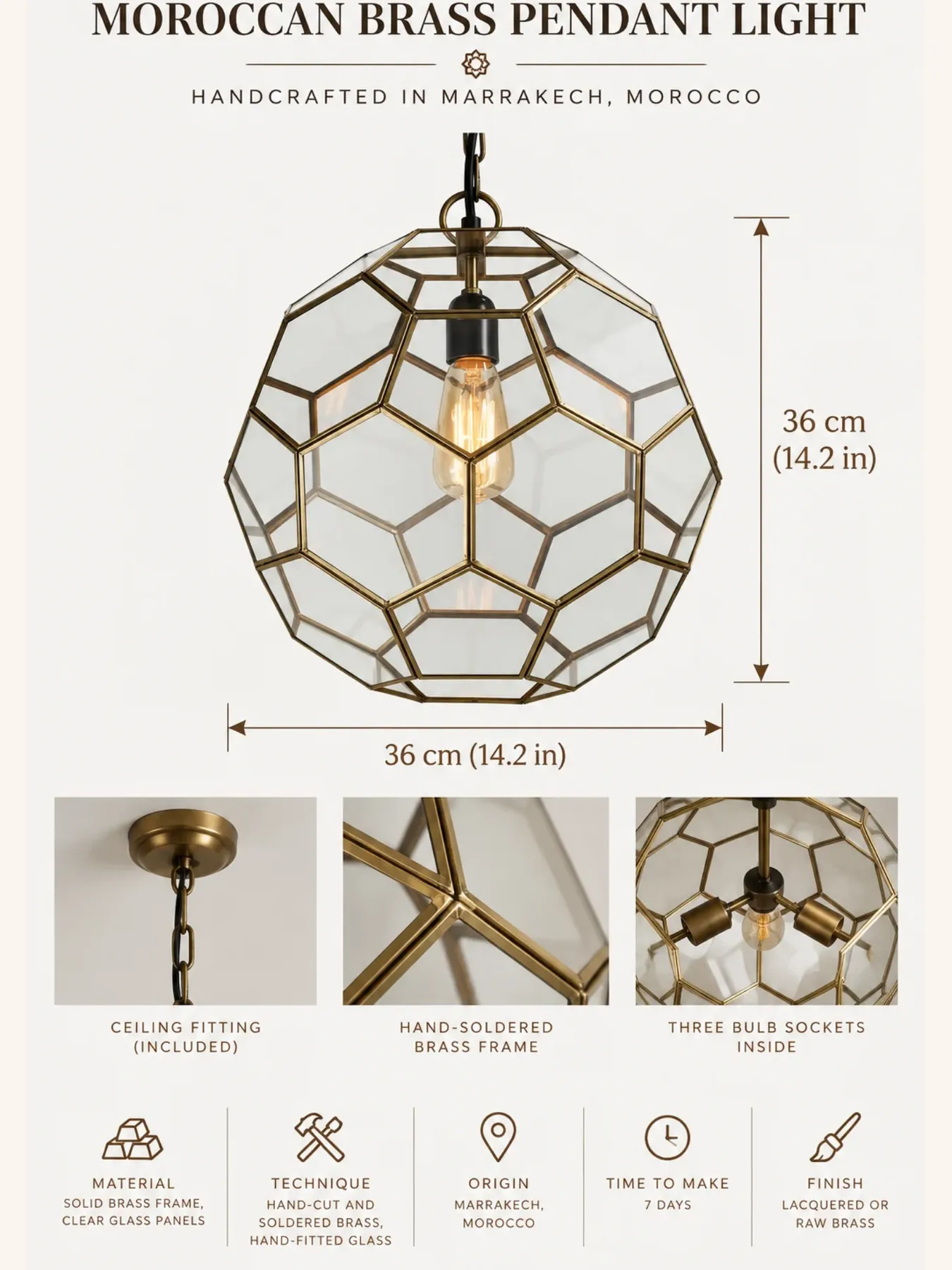 Faceted Brass and Glass Pendant Light from Marrakech — view 7