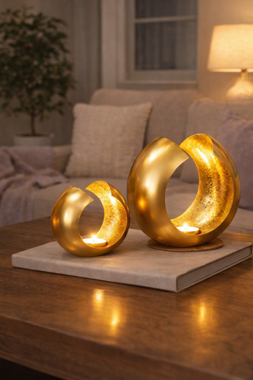 Gold Brass Crescent Candle Holders Set – Moon Tealight Decor – Luxury Boho Table Accent for Ramadan & Eid