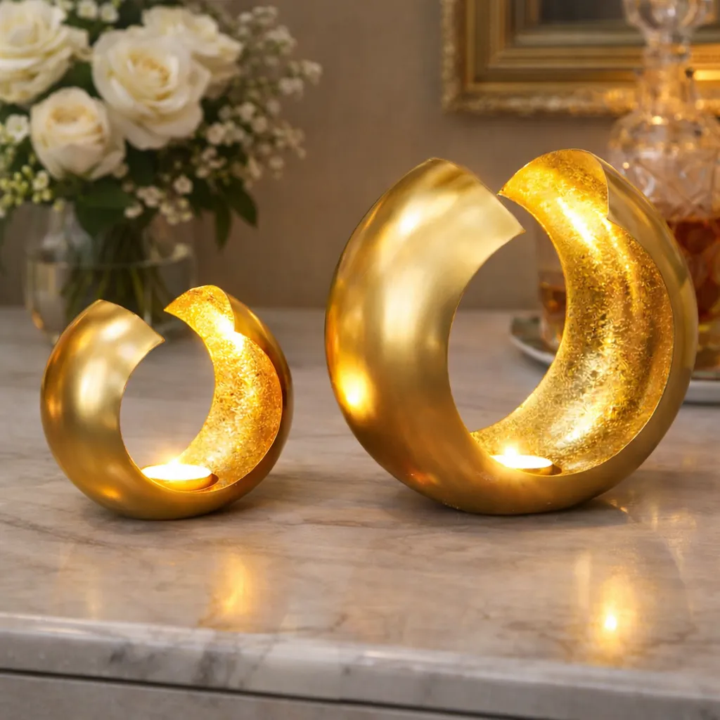 Gold Brass Crescent Candle Holders Set – Moon Tealight Decor – Luxury Boho Table Accent for Ramadan & Eid — view 6