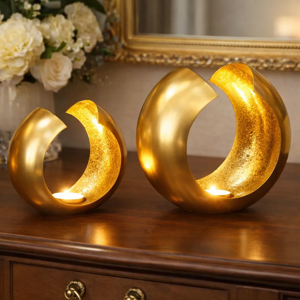 Gold Brass Crescent Candle Holders Set – Moon Tealight Decor – Luxury Boho Table Accent for Ramadan & Eid — view 7