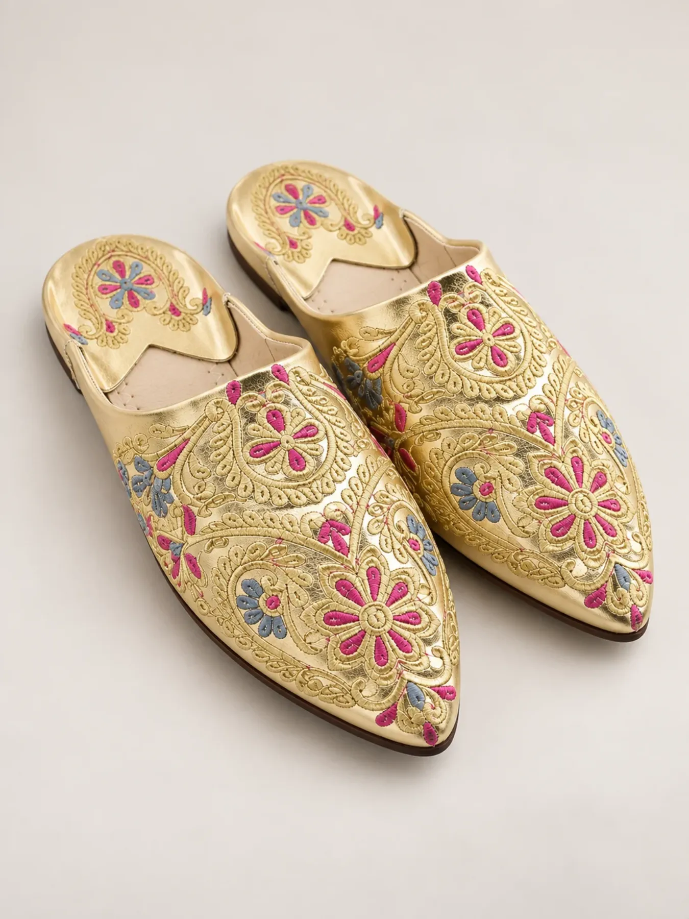 Hand-Embroidered Moroccan Gold Babouche Slippers, Leather Wedding & Occasion Shoes