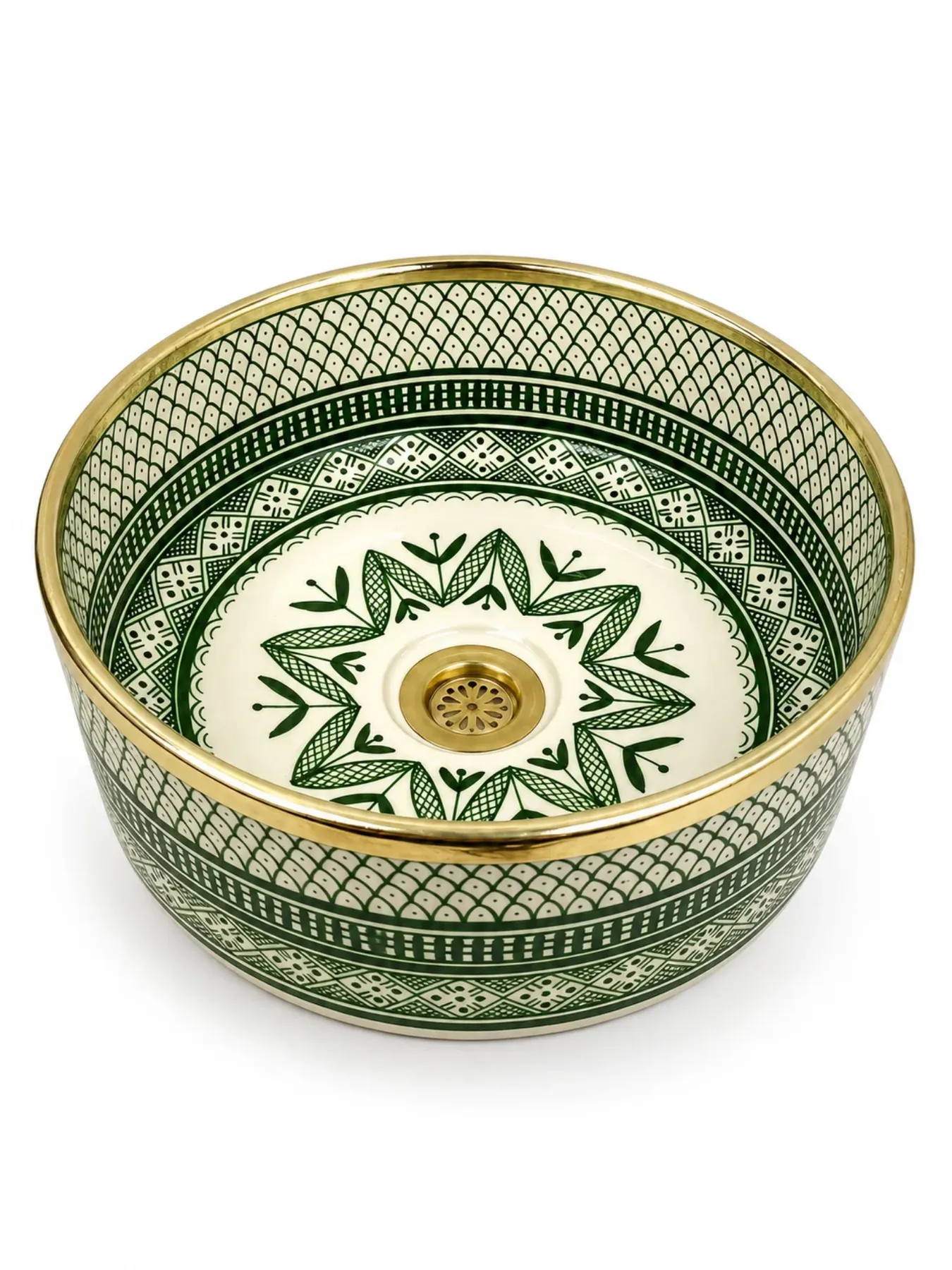 Handcrafted Fès Ceramic Vessel Sink with Brass Rim, Moroccan Emerald Wash Basin