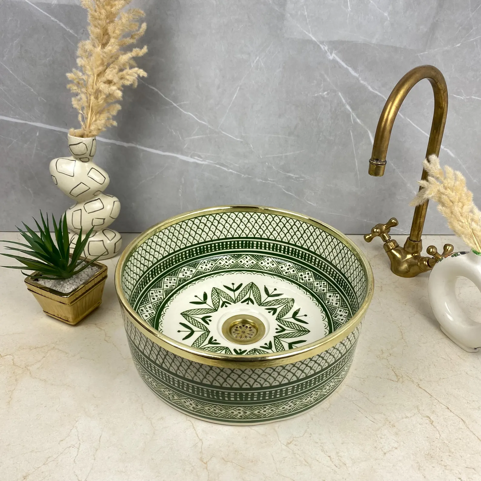 Green SHEBKA Ceramic Vessel with Hand-Engraved Brass — view 2