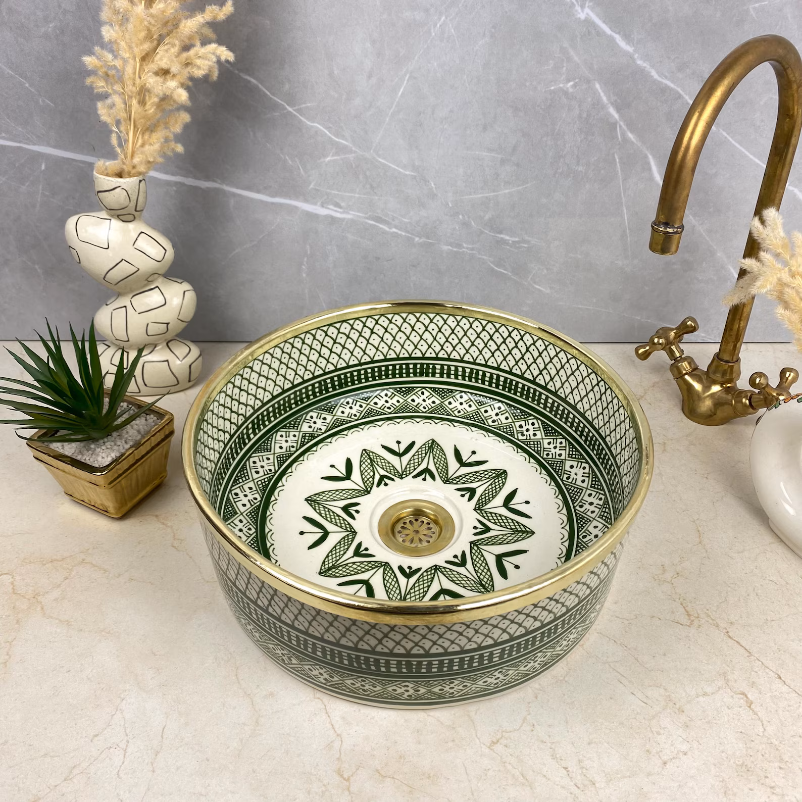Green SHEBKA Ceramic Vessel with Hand-Engraved Brass — view 3