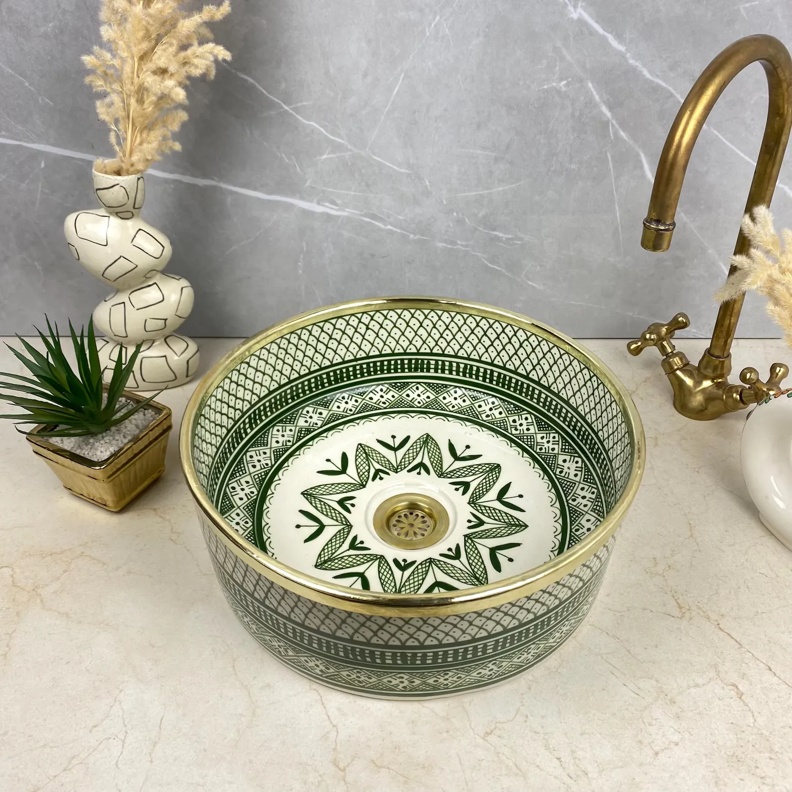 Green SHEBKA Ceramic Vessel with Hand-Engraved Brass — view 3