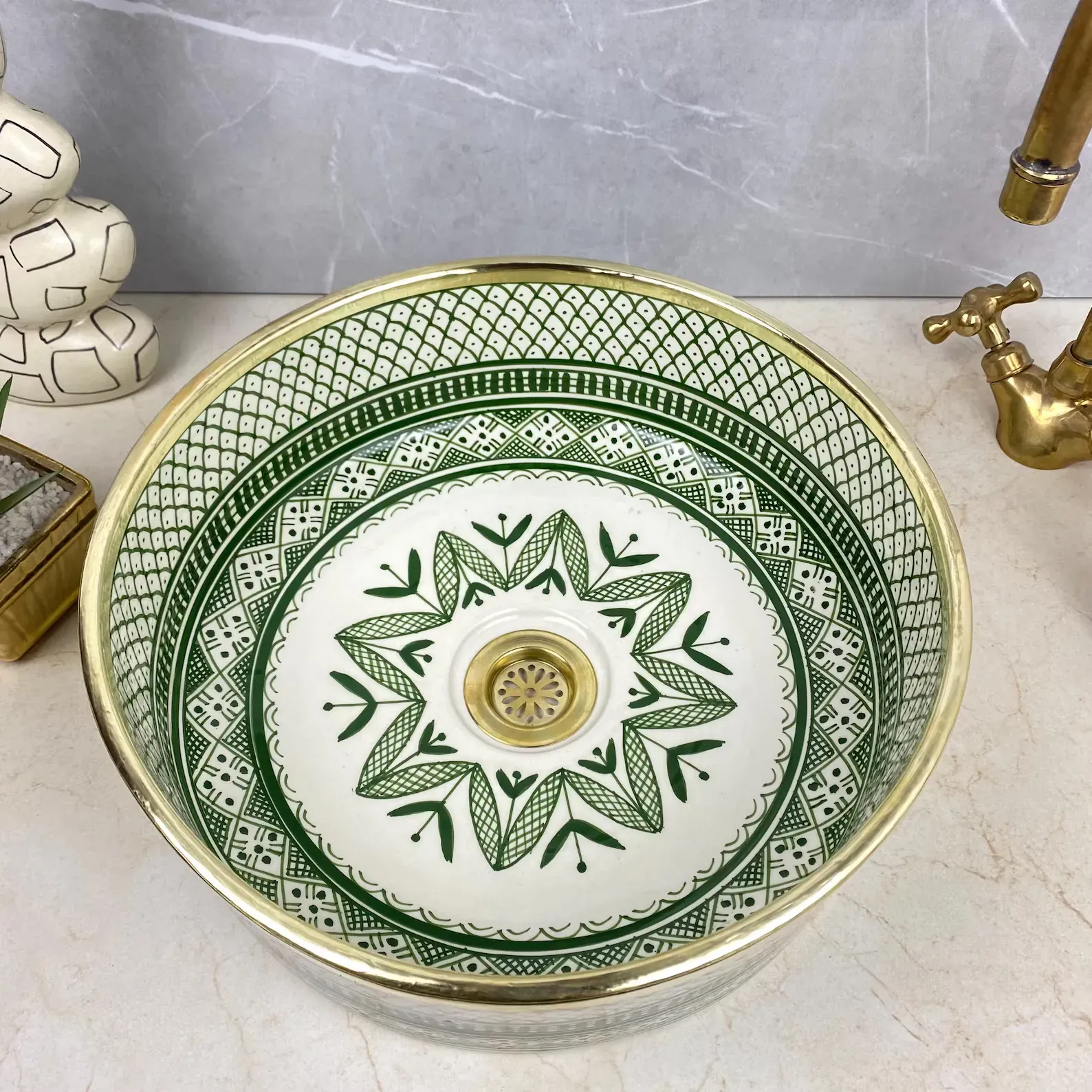Green SHEBKA Ceramic Vessel with Hand-Engraved Brass — view 4