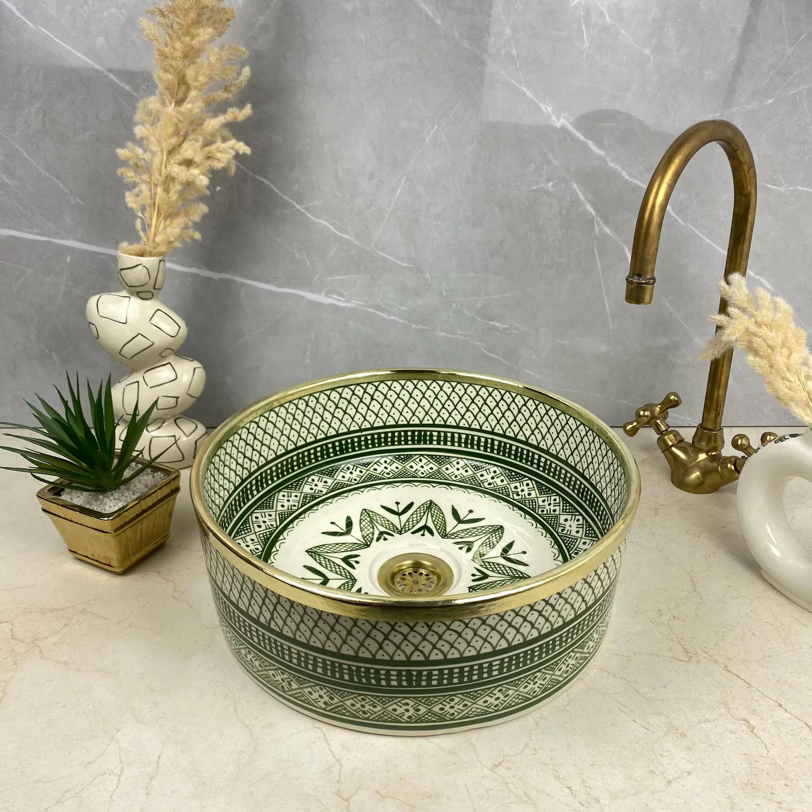 Green SHEBKA Ceramic Vessel with Hand-Engraved Brass — view 5