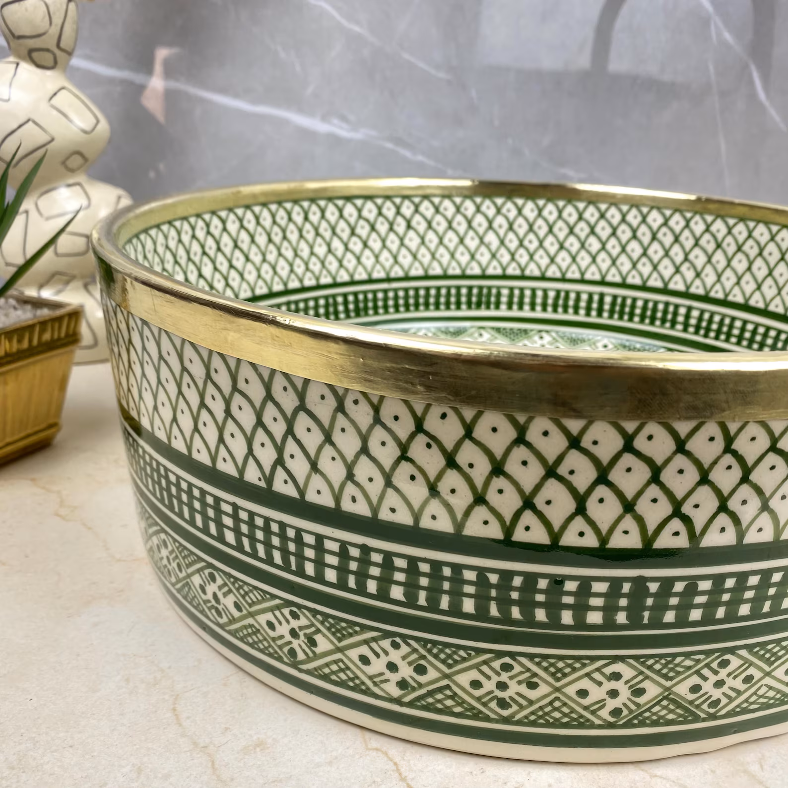 Green SHEBKA Ceramic Vessel with Hand-Engraved Brass — view 7