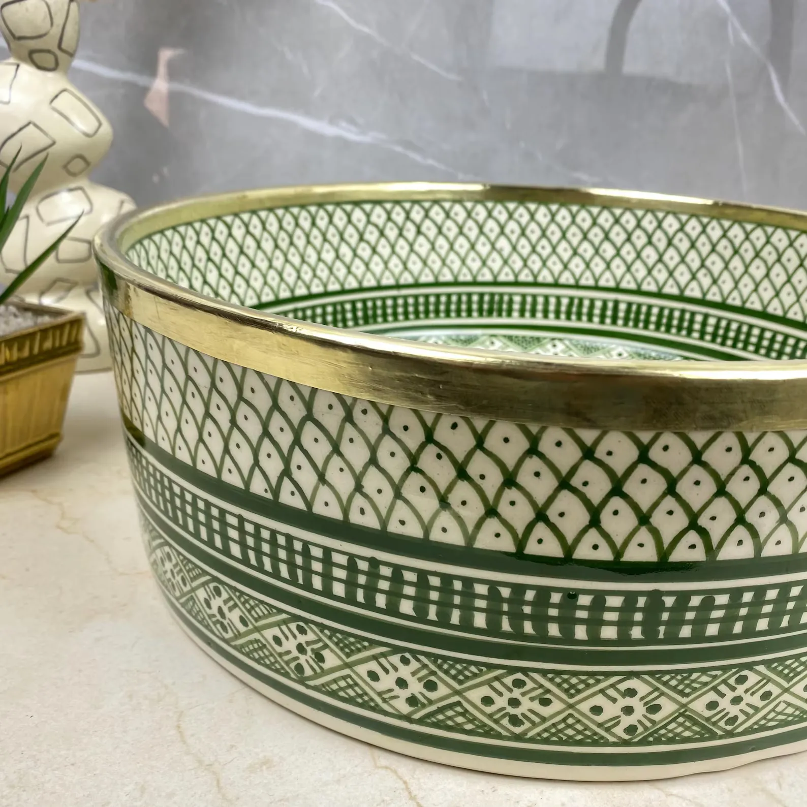 Green SHEBKA Ceramic Vessel with Hand-Engraved Brass — view 7
