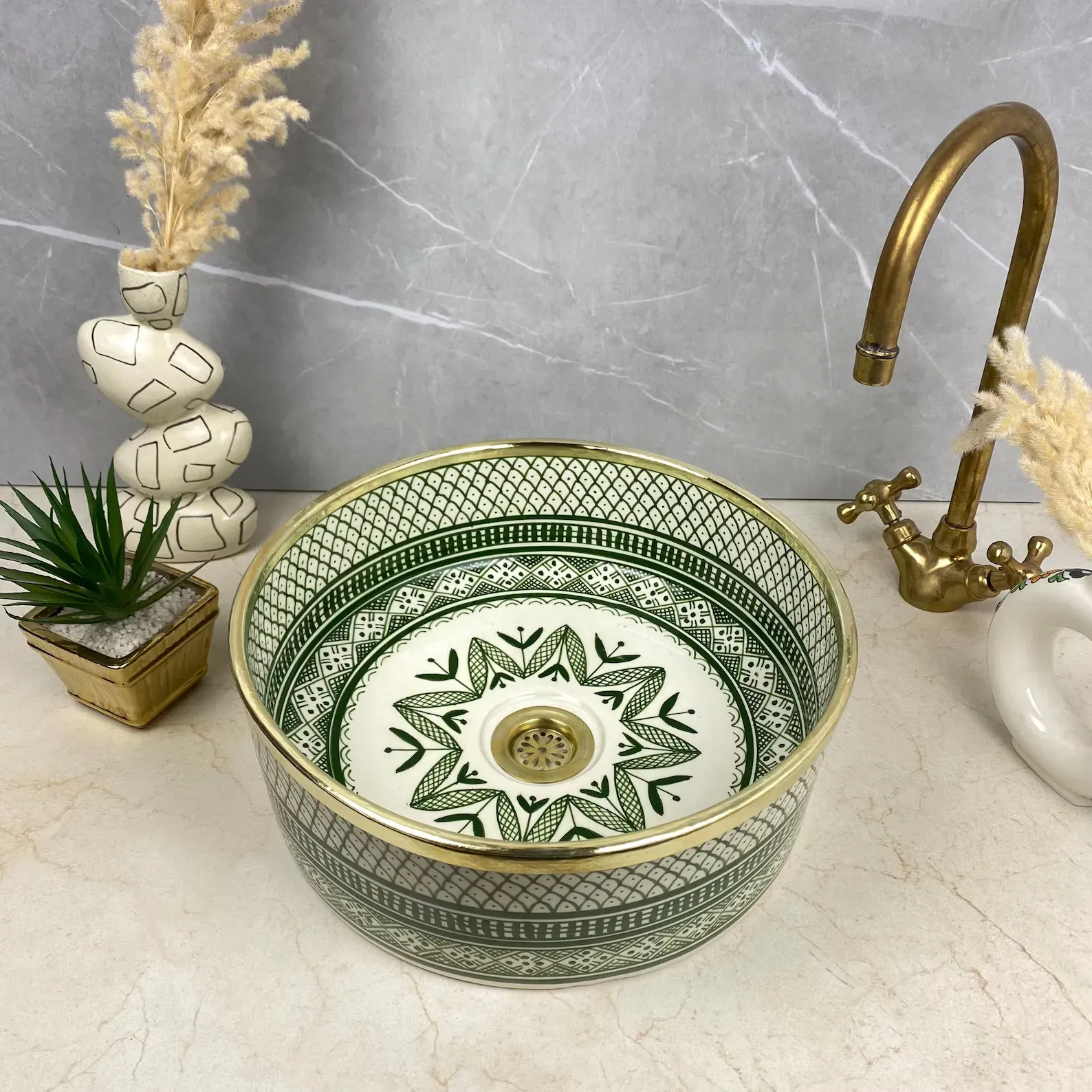 Green SHEBKA Ceramic Vessel with Hand-Engraved Brass — view 8