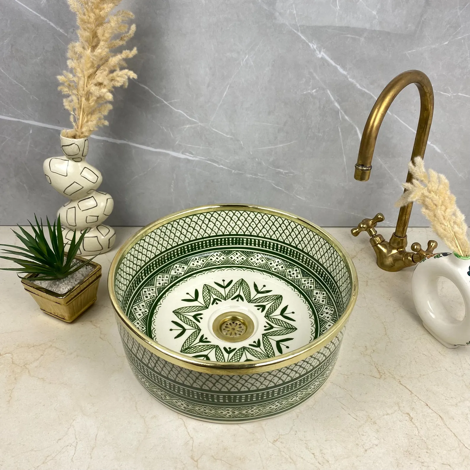 Green SHEBKA Ceramic Vessel with Hand-Engraved Brass
