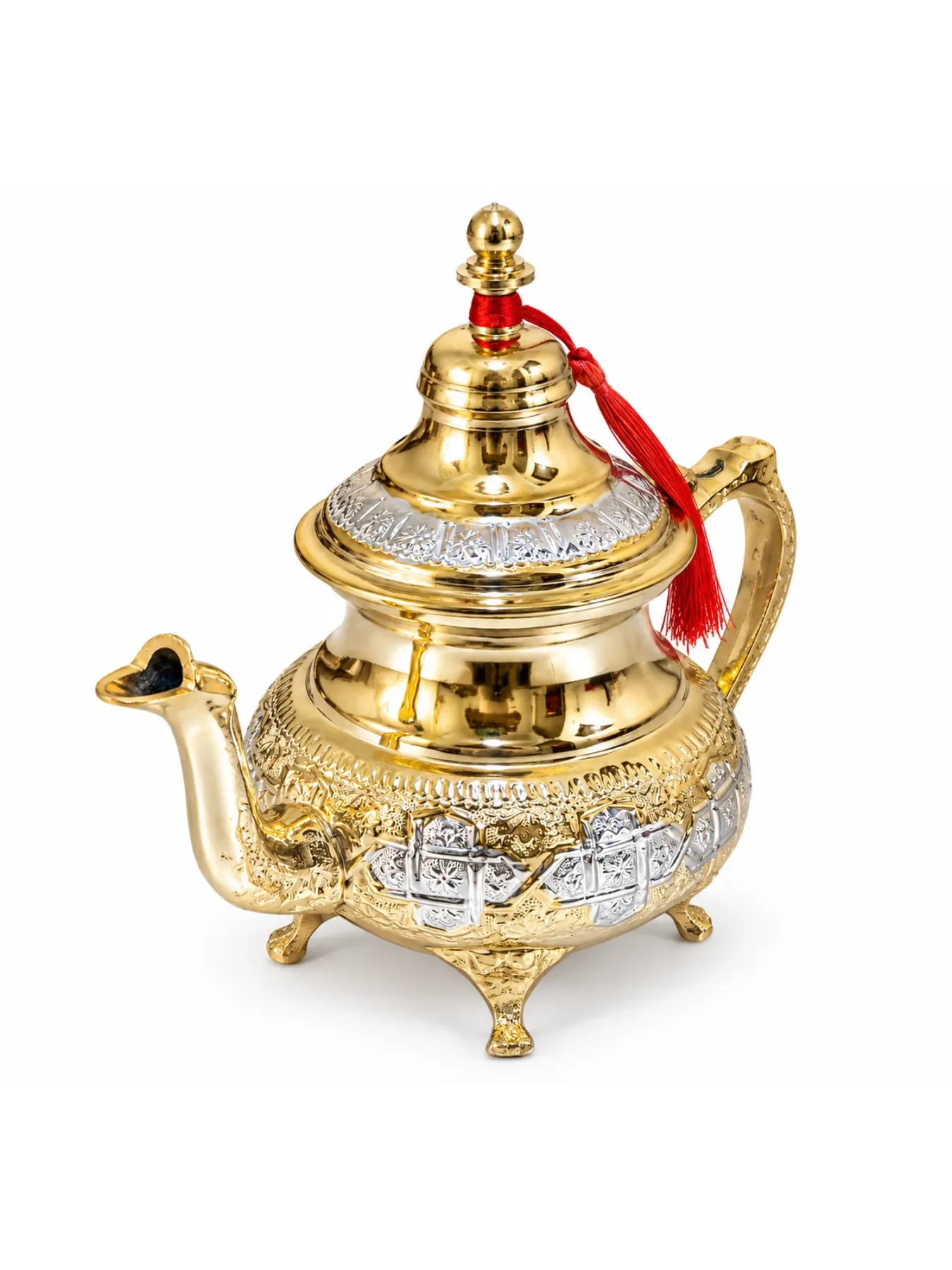 Handcrafted Fès Brass Moroccan Teapot, Silver & Gold-Tone Engraved Tea Pot