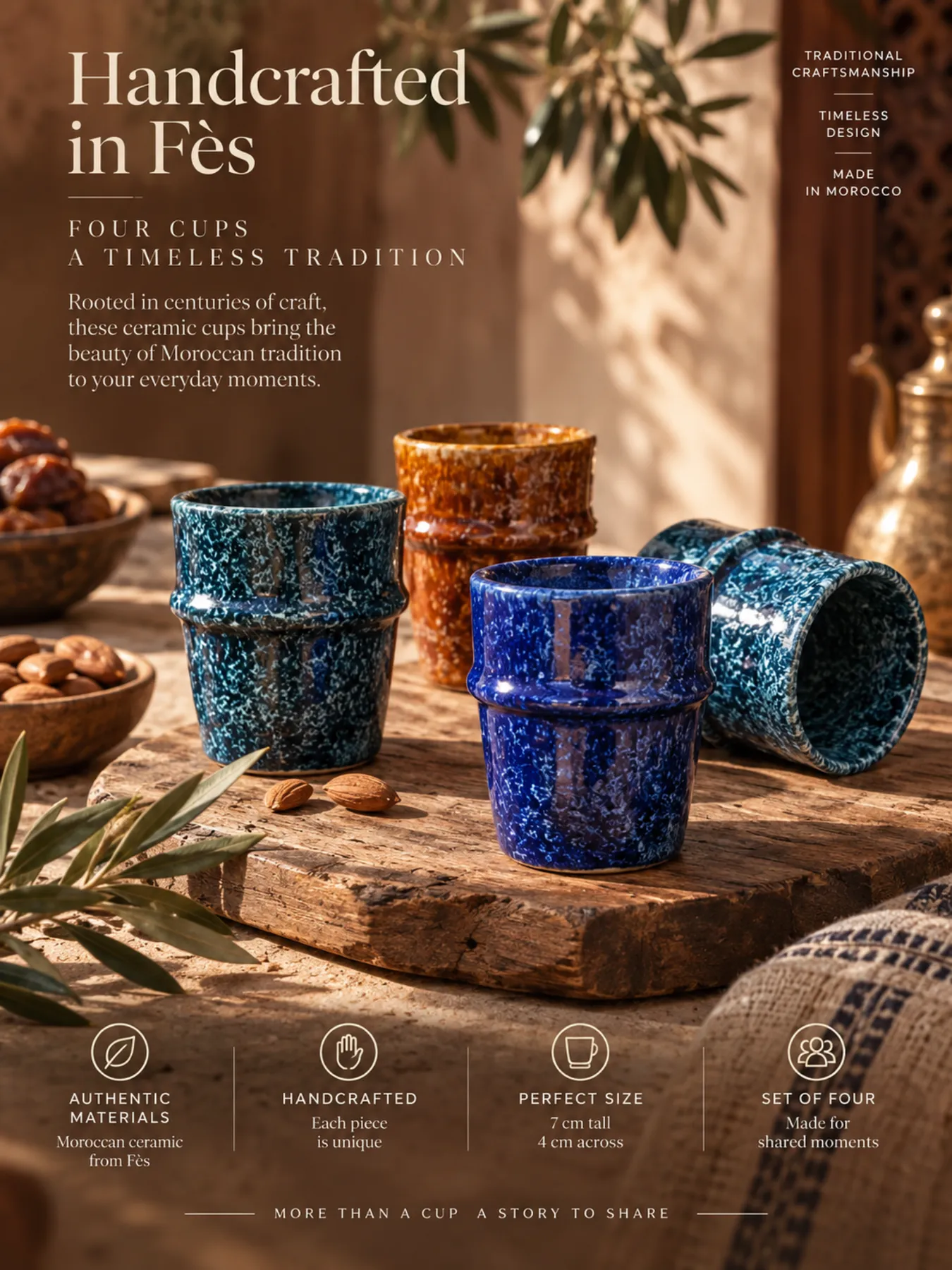 Hand-Glazed Fès Ceramic Cups Set of 4 — 7cm, Choose Color, view 4