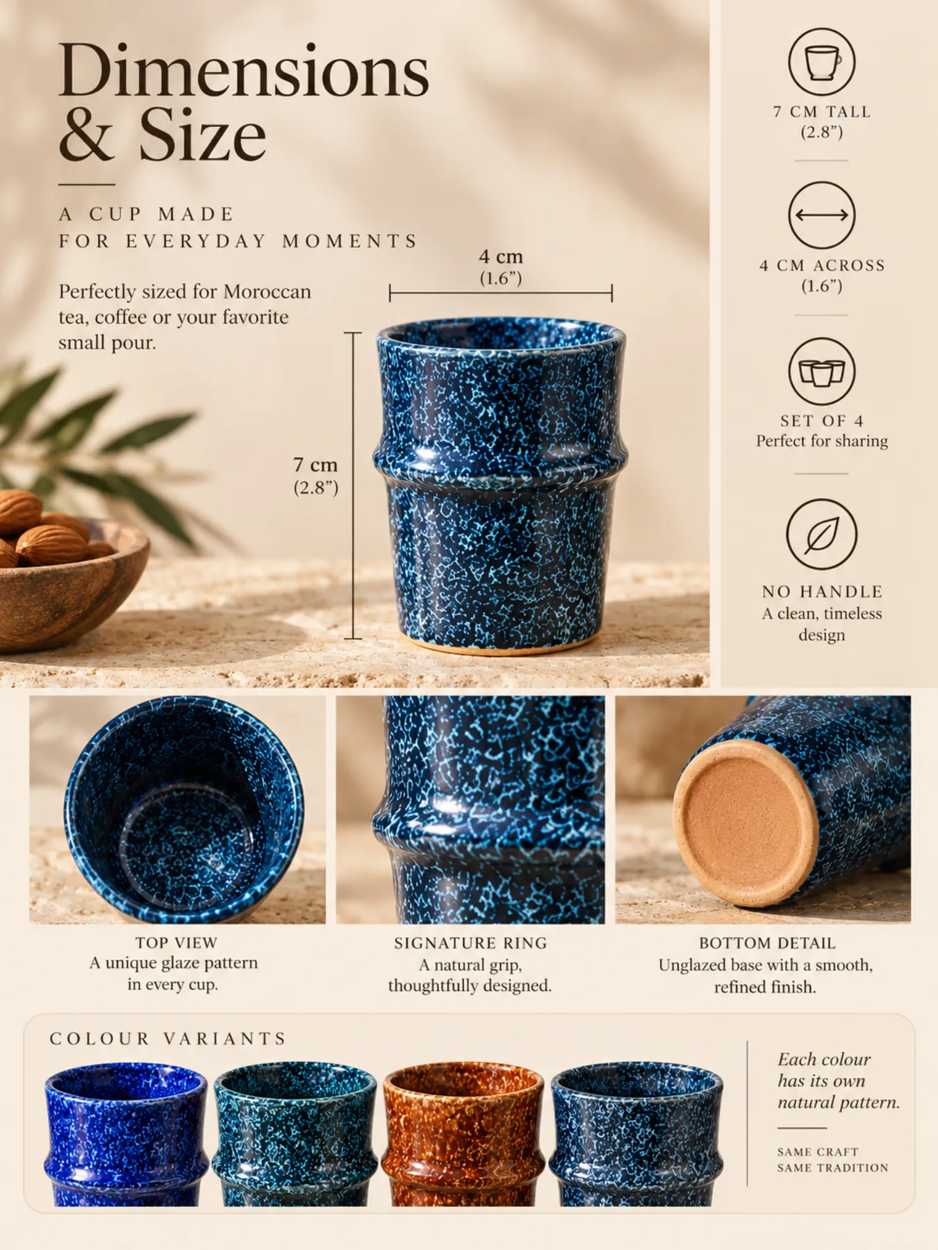 Hand-Glazed Fès Ceramic Cups Set of 4 — 7cm, Choose Color, view 7