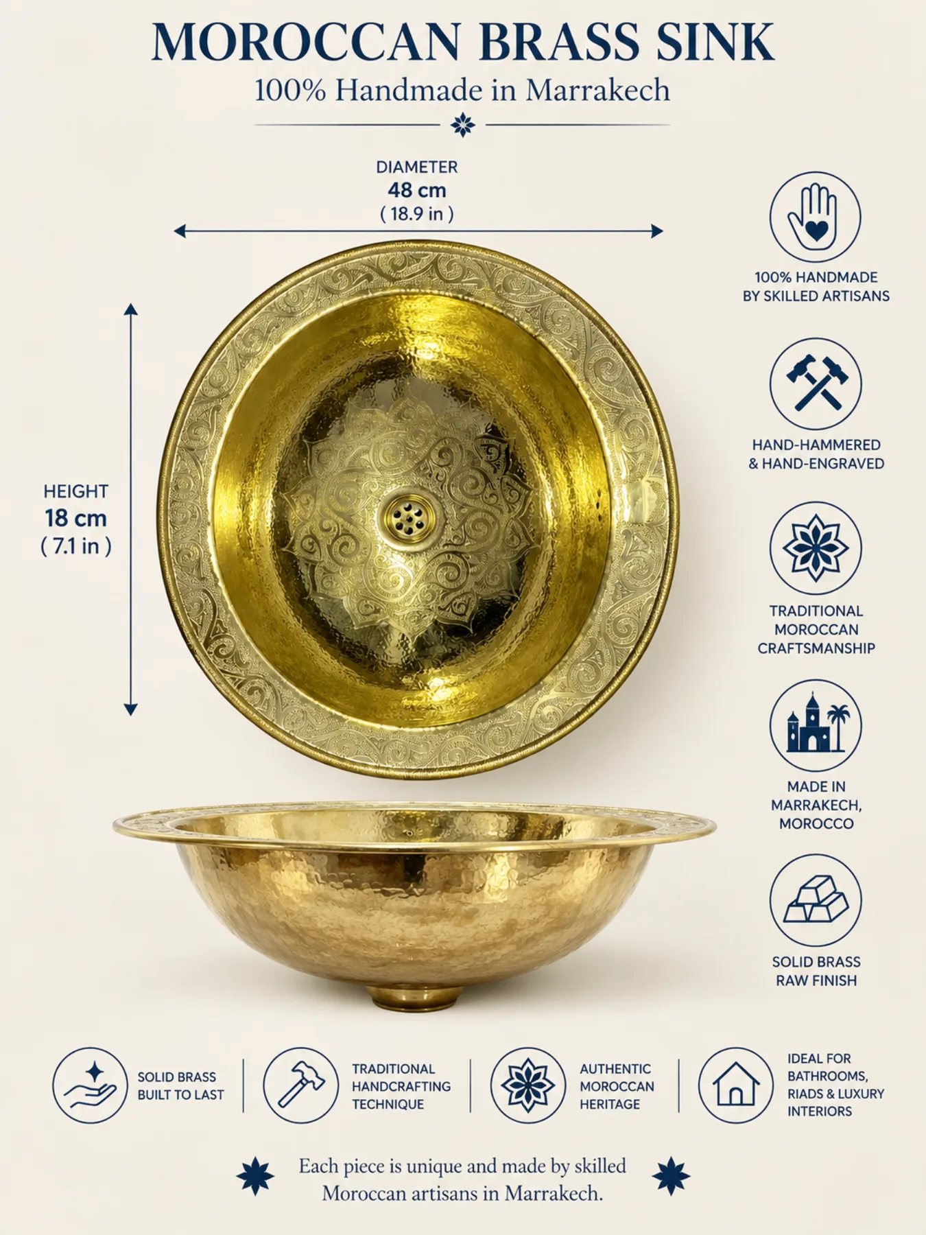 Hand-Hammered Brass Basin from Marrakech, 48cm — view 9
