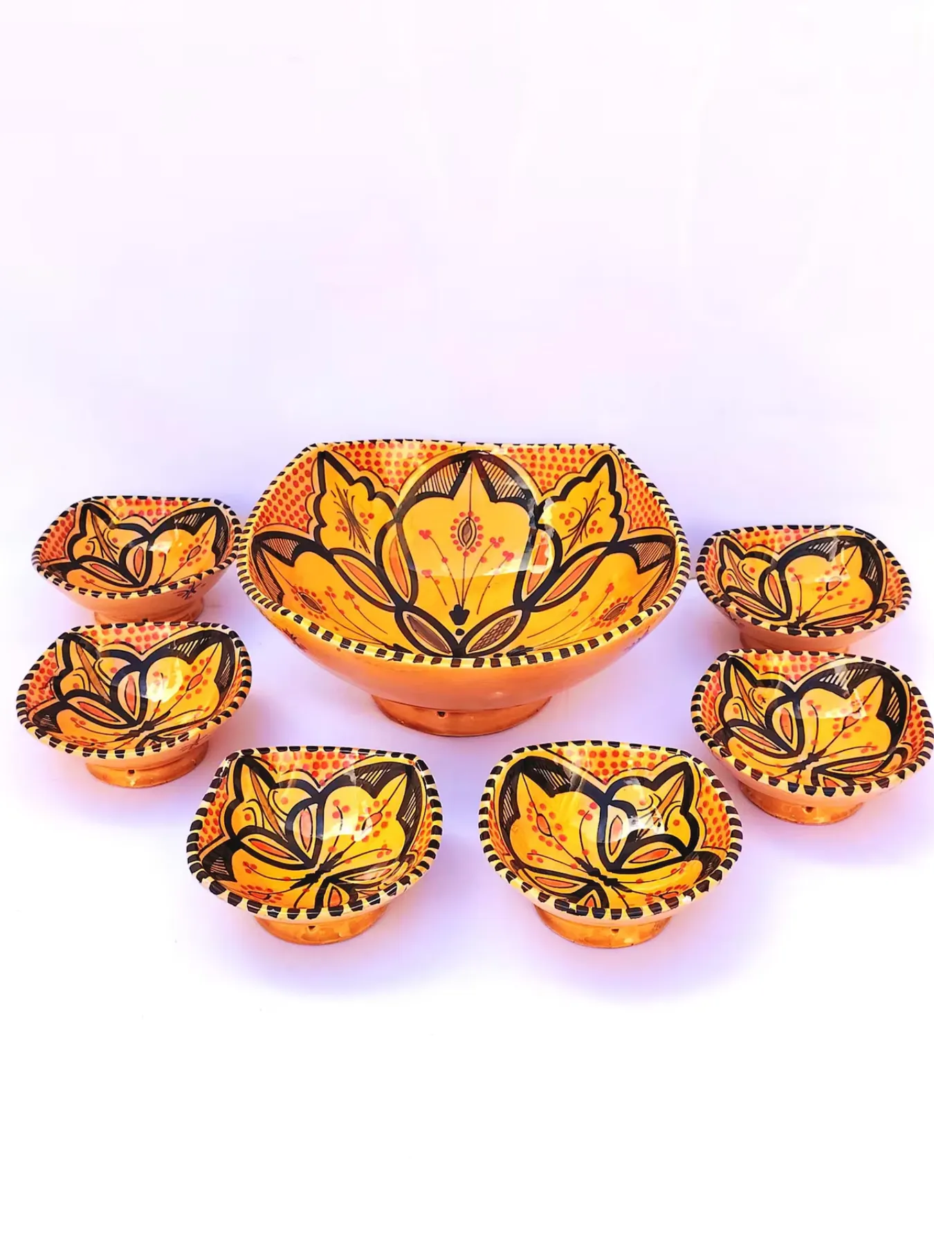 Hand-Painted Ceramic Bowl Set of 7 Marigold, Safi, Morocco