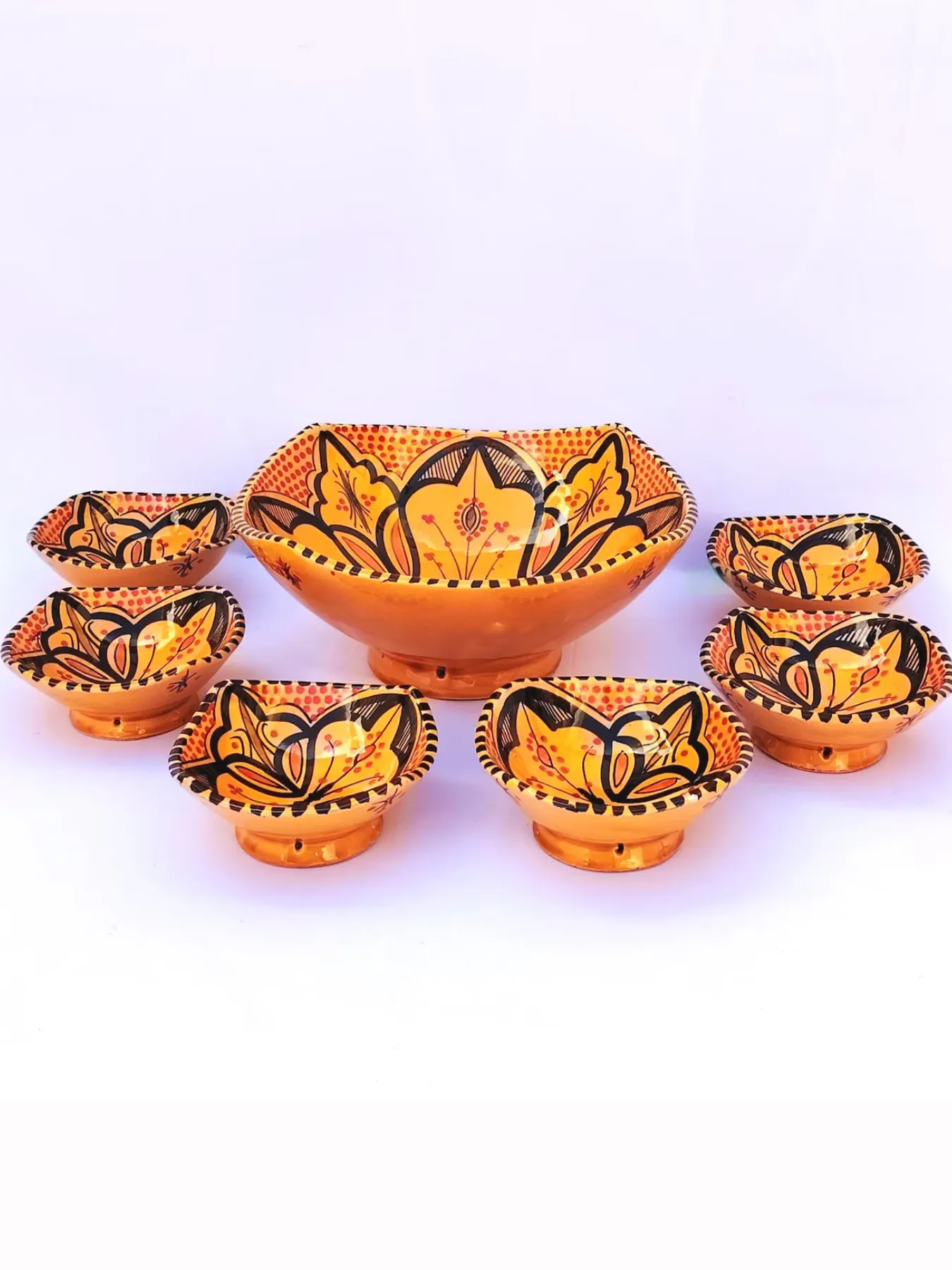 Hand-Painted Ceramic Bowl Set of 7  Marigold, Safi, Morocco — view 2