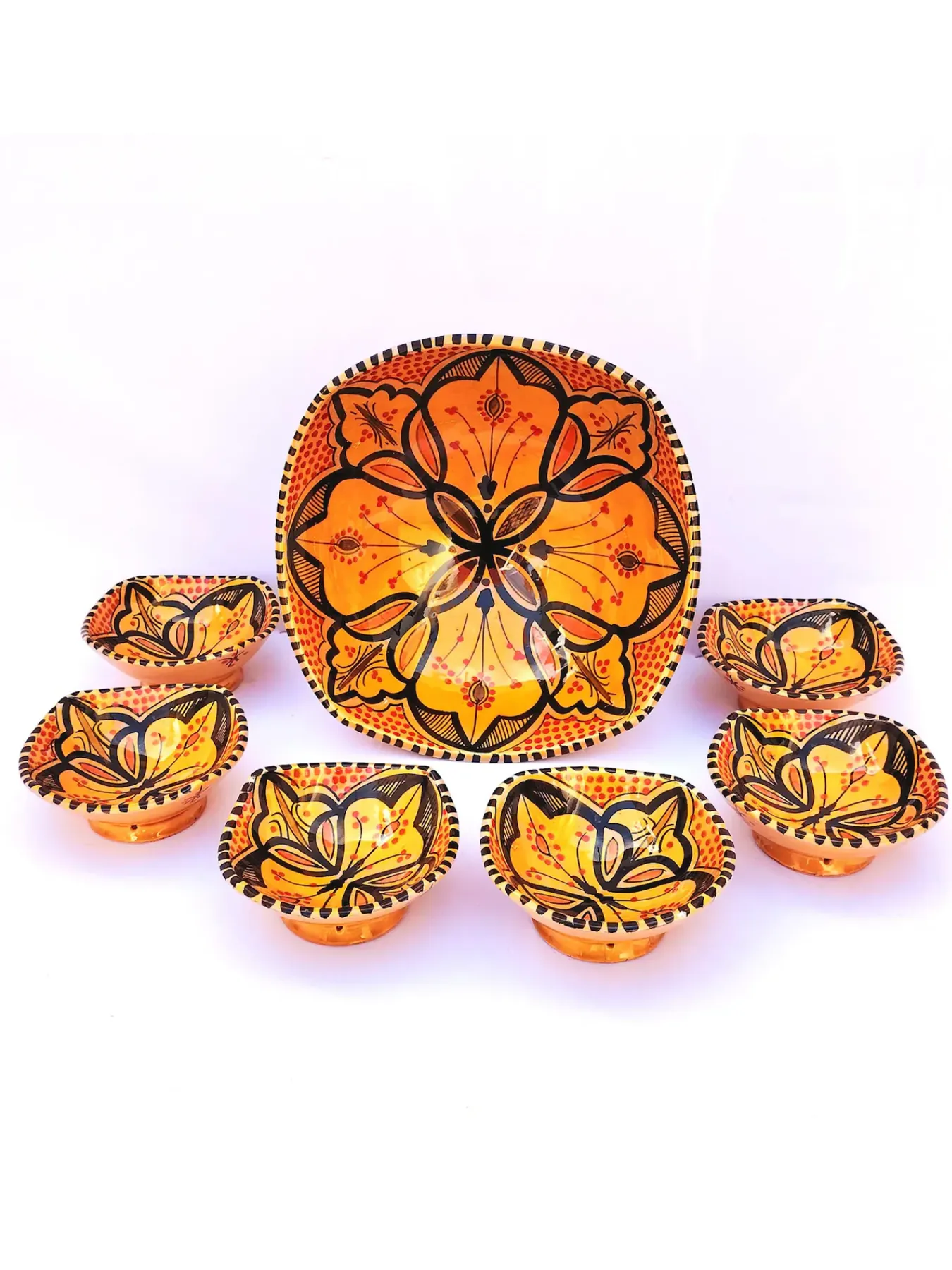 Hand-Painted Ceramic Bowl Set of 7 Marigold, Safi, Morocco