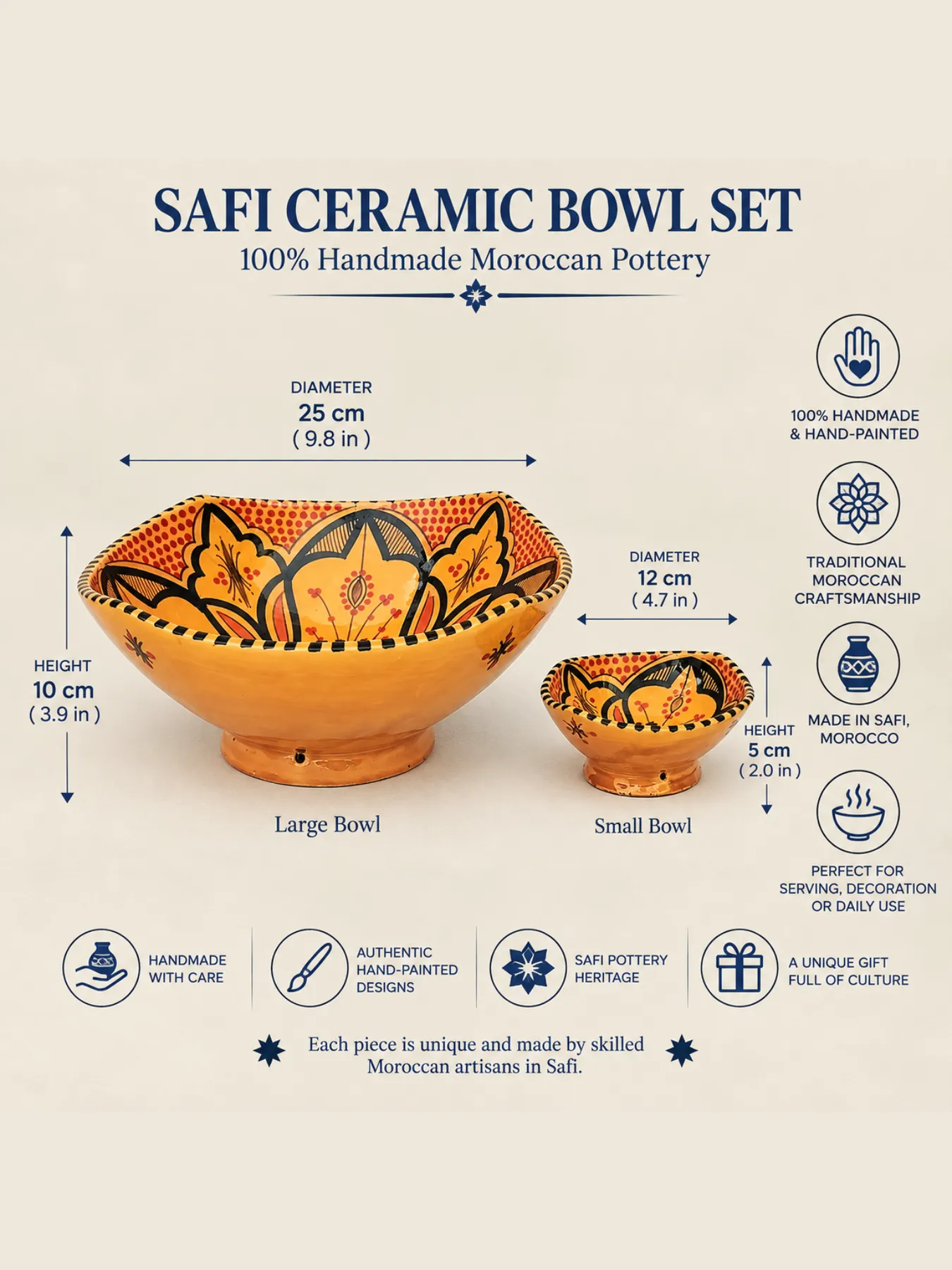 Hand-Painted Ceramic Bowl Set of 7  Marigold, Safi, Morocco — view 3