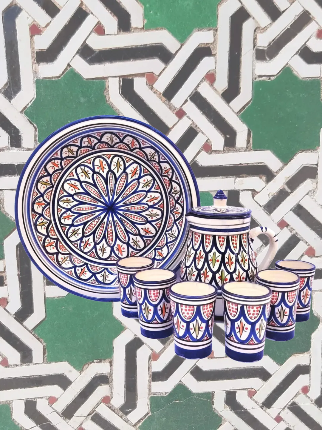 Hand-Painted Safi Ceramic Couscous Set — Blue & White