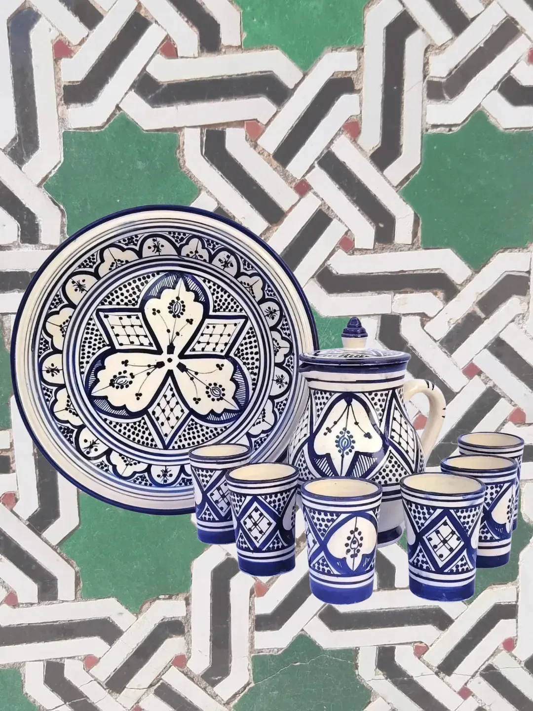Hand-Painted Safi Ceramic Couscous Set — Blue & White — view 3