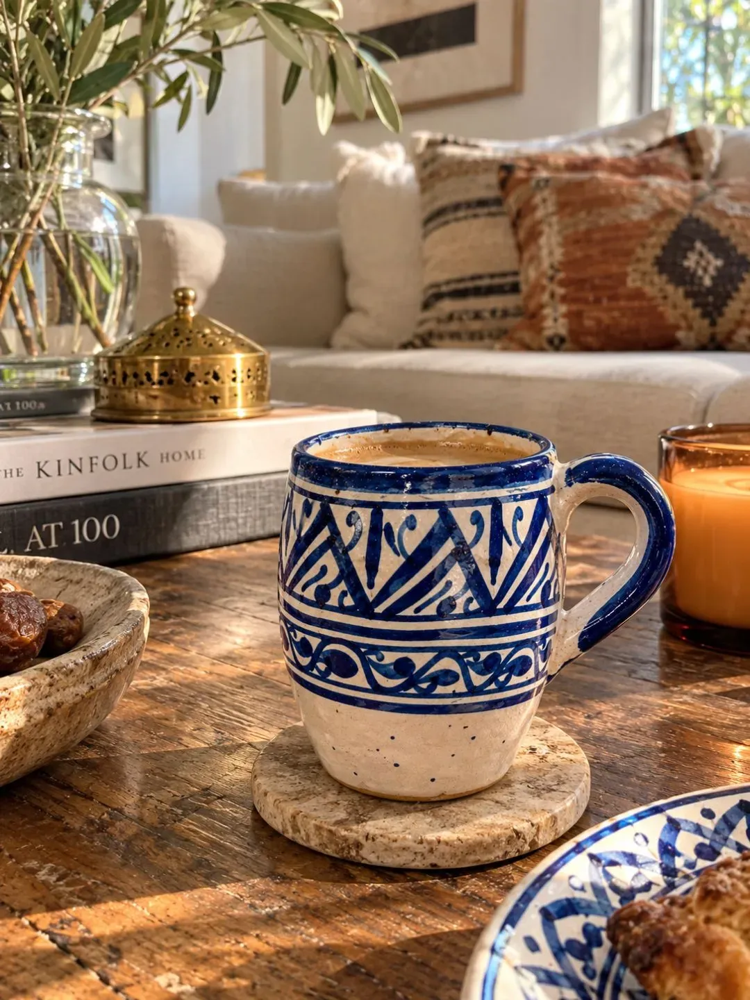 Hand-painted blue Moroccan ceramic mug filled with coffee on a wooden table in a warm, cozy home setting.