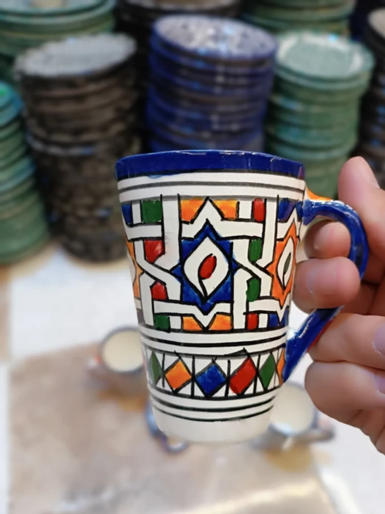 Hand-Painted Fez Ceramic Mug, Set of 4 with Zellige Pattern, 12cm from Fez — view 2