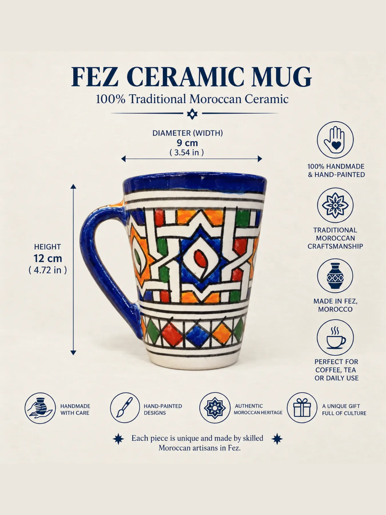 Hand-Painted Fez Ceramic Mug, Set of 4 with Zellige Pattern, 12cm from Fez — view 6