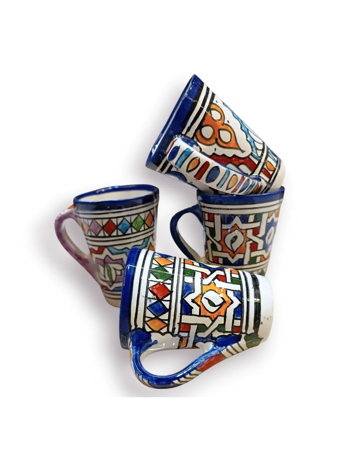Hand-Painted Fez Ceramic Mug, Set of 4 with Zellige Pattern, 12cm from Fez