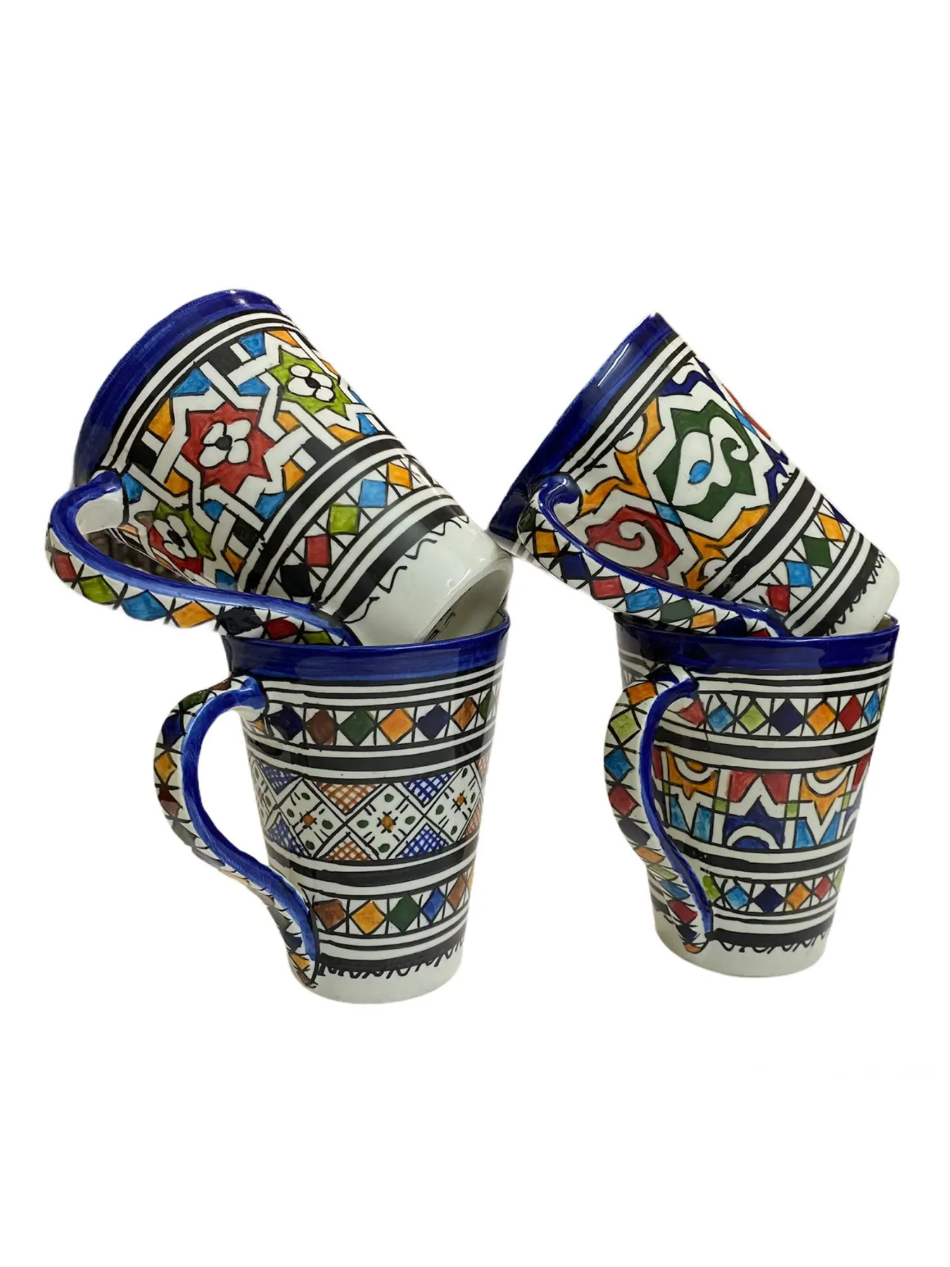 Hand-Painted Fez Ceramic Mug, Set of 4 with Zellige Pattern, 12cm from Fez — view 3