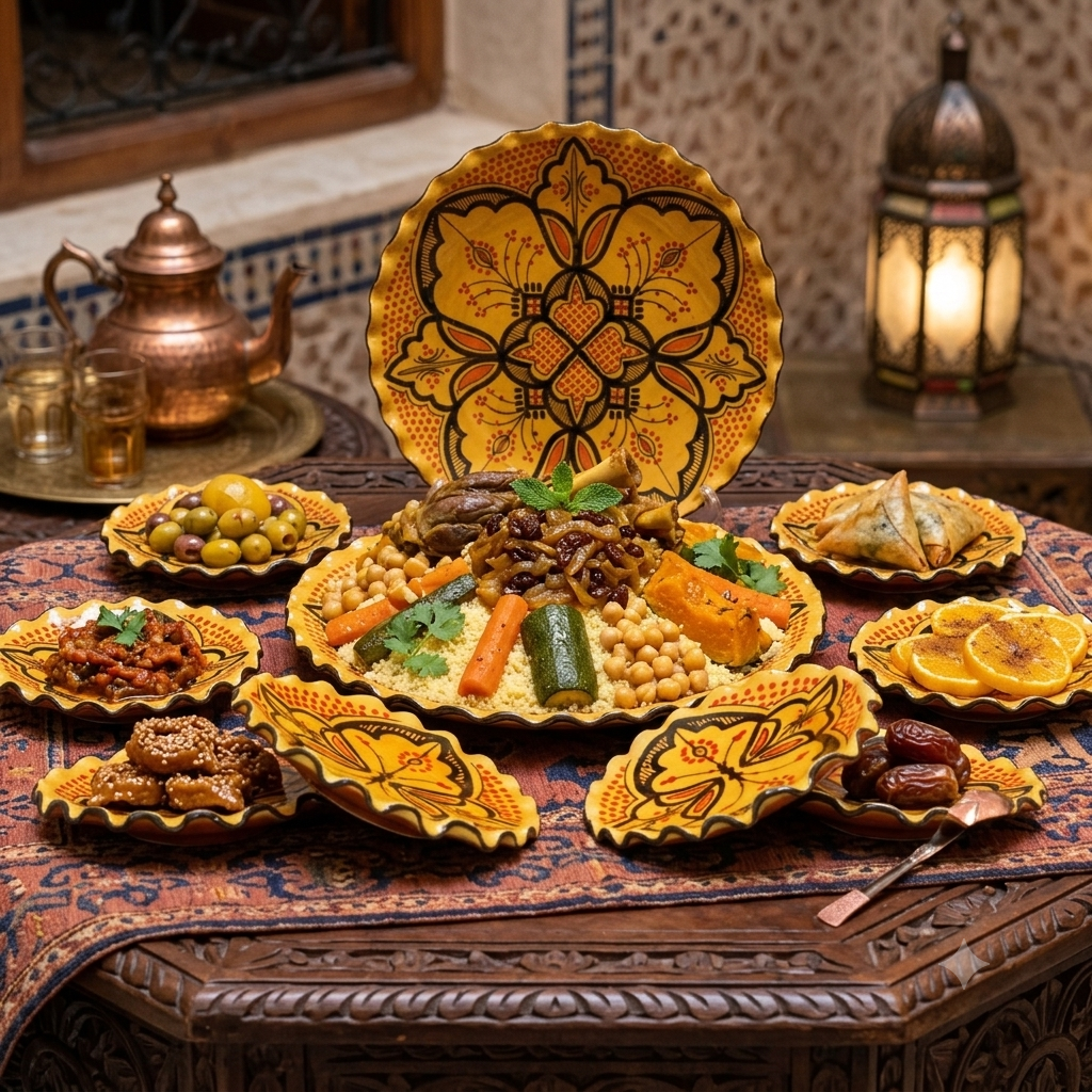 Hand-Painted Moroccan Ceramic Plate Set – 7-Piece Serving Collection