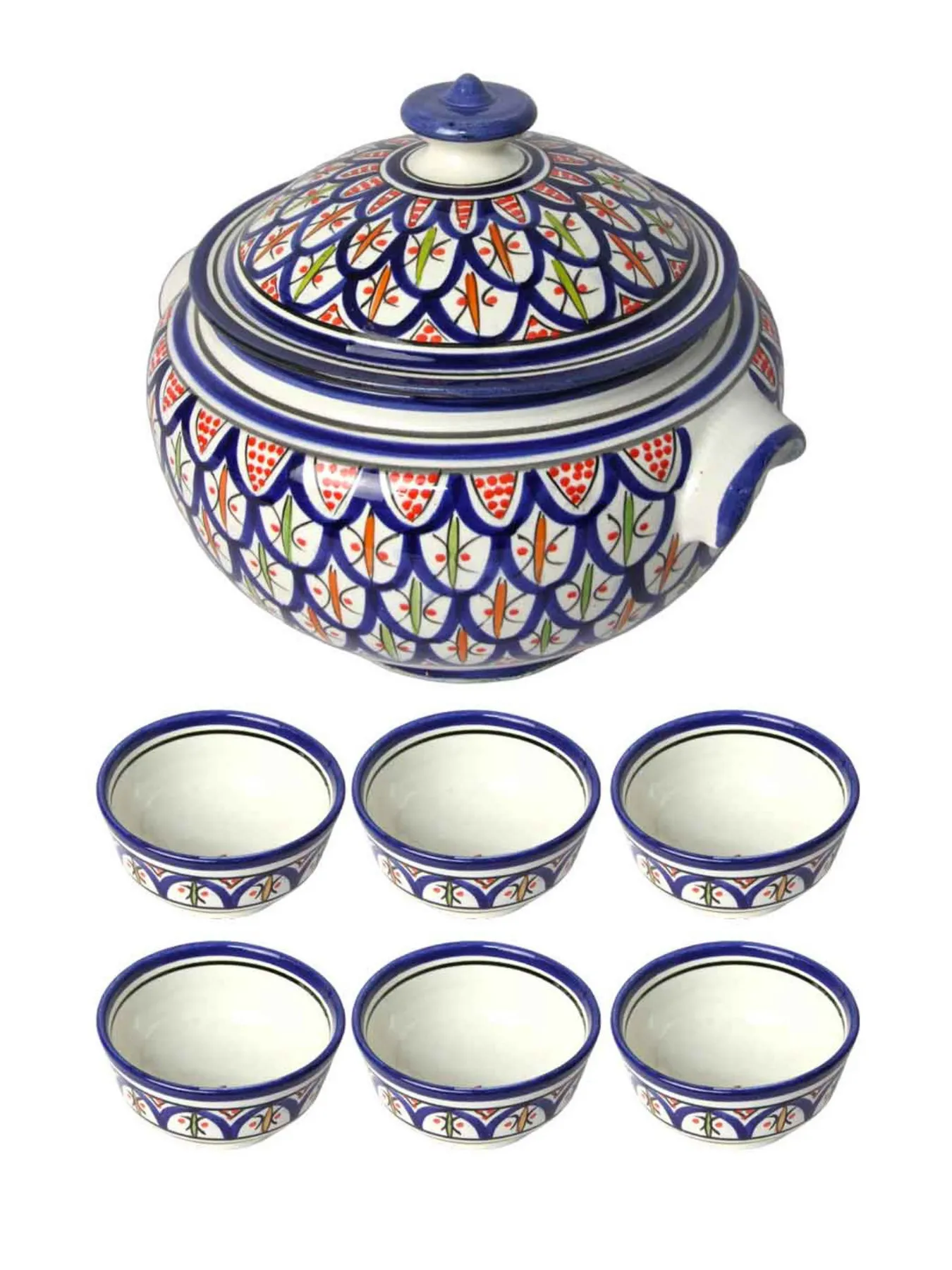 Handcrafted Moroccan Ceramic Soup Tureen Set, Hand-Painted Safi-Style Serving Set from Marrakech