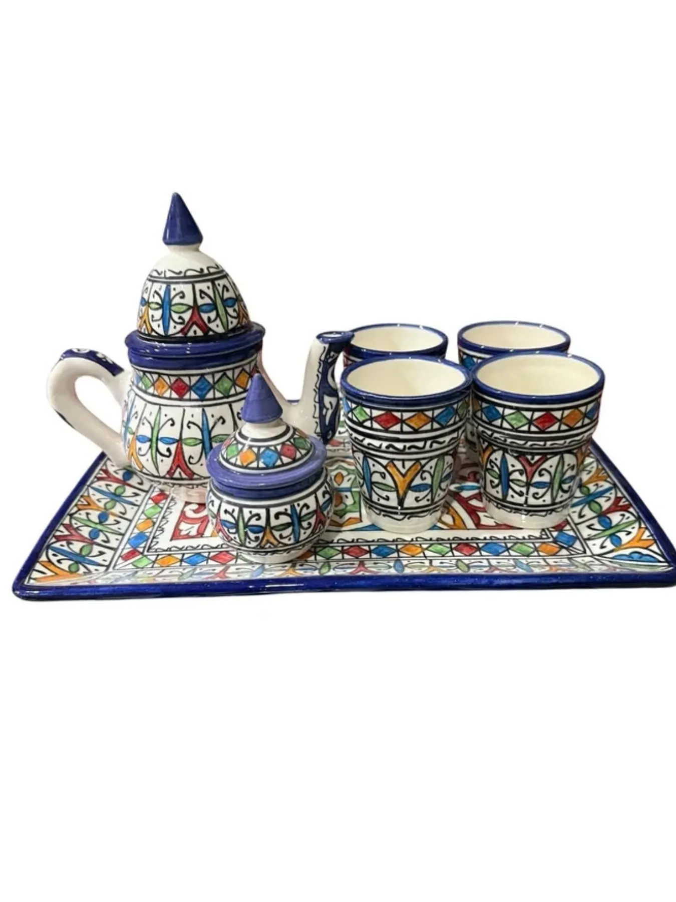 Hand-Painted Moroccan Ceramic Tea Set from Fes – Geometric Tea Service with Tray