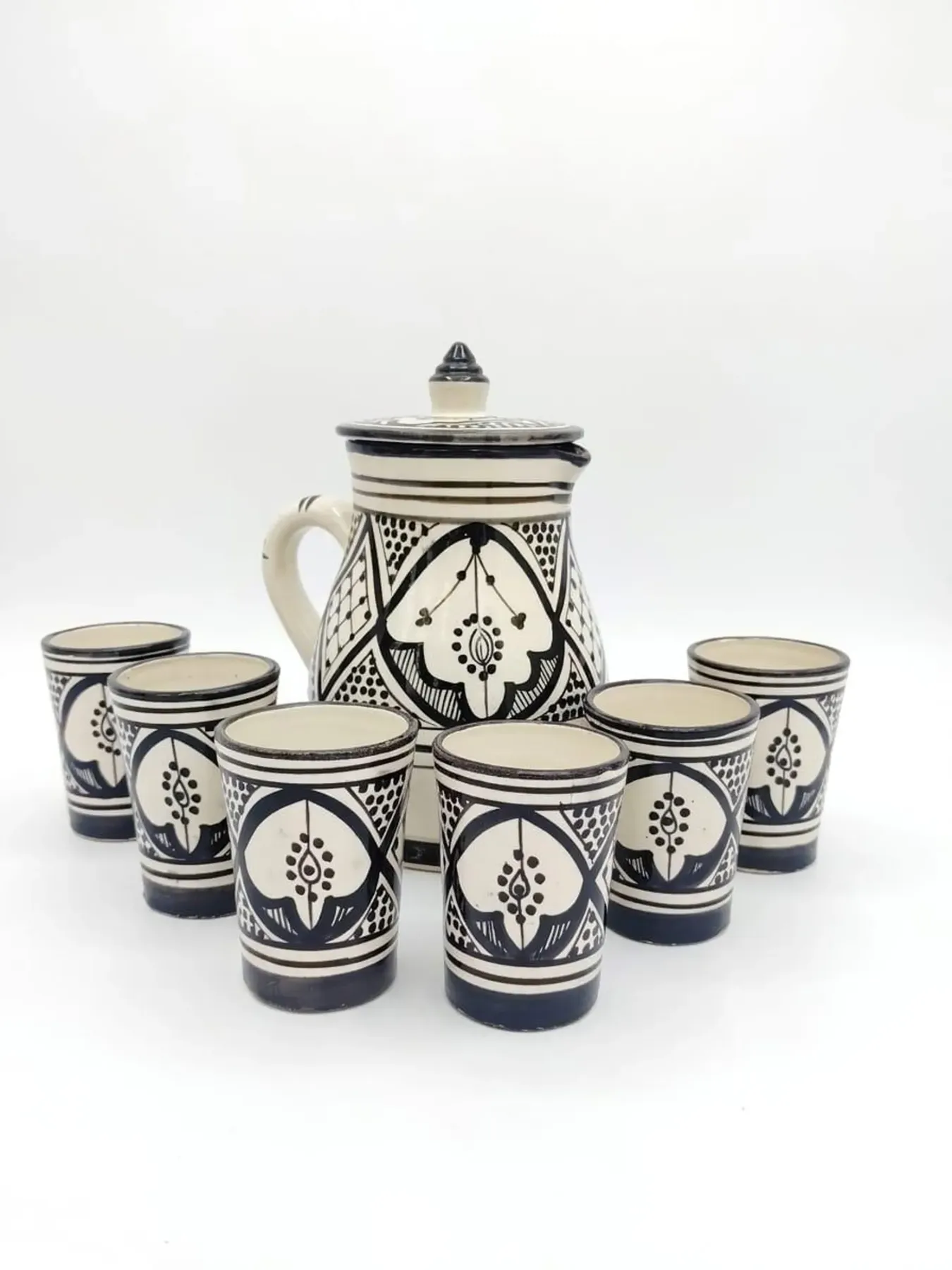 Hand-Painted Moroccan Pitcher & Cups Set from Safi, 2L