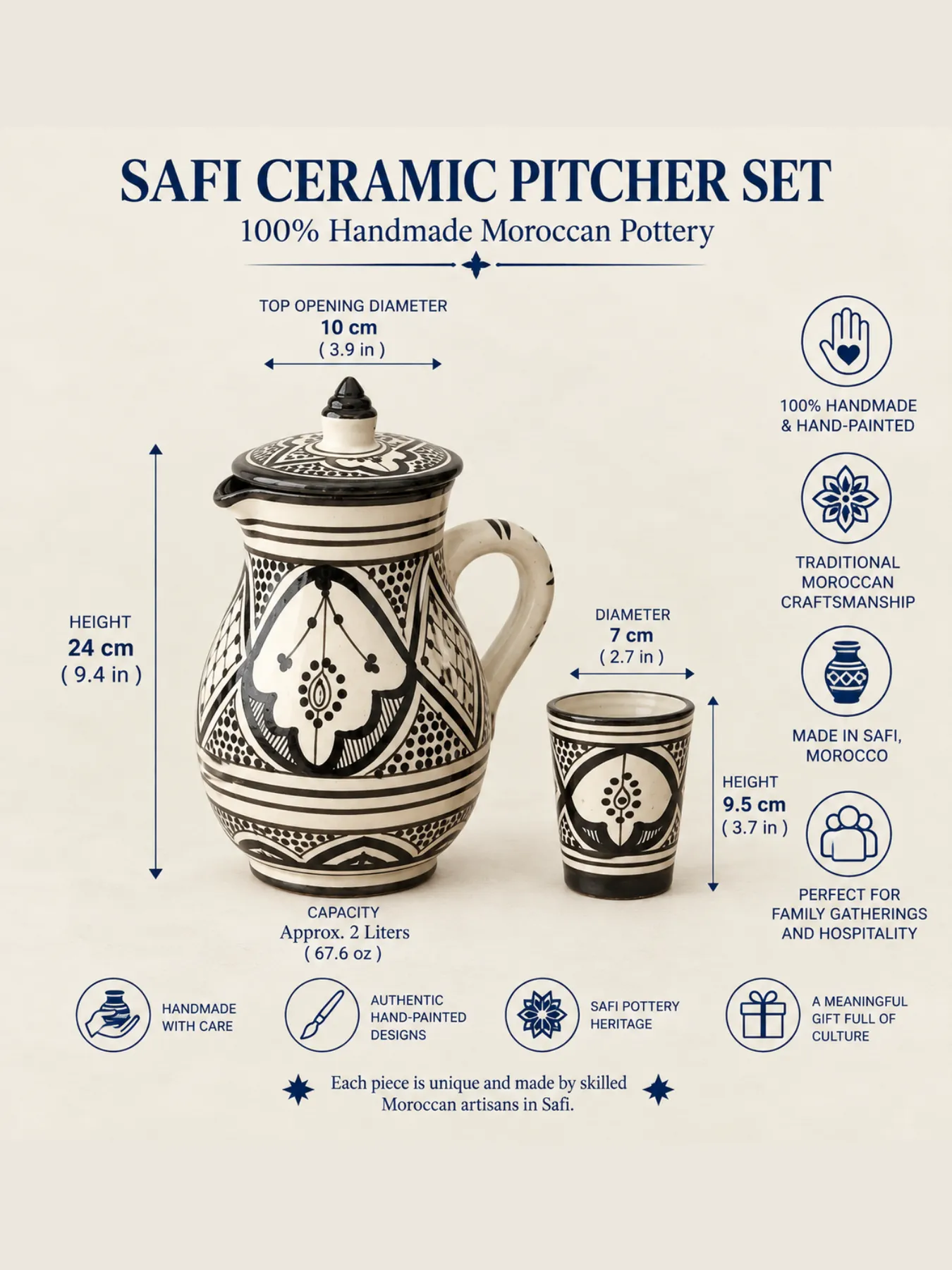 Hand-Painted Moroccan Pitcher & Cups Set from Safi, 2L — view 3