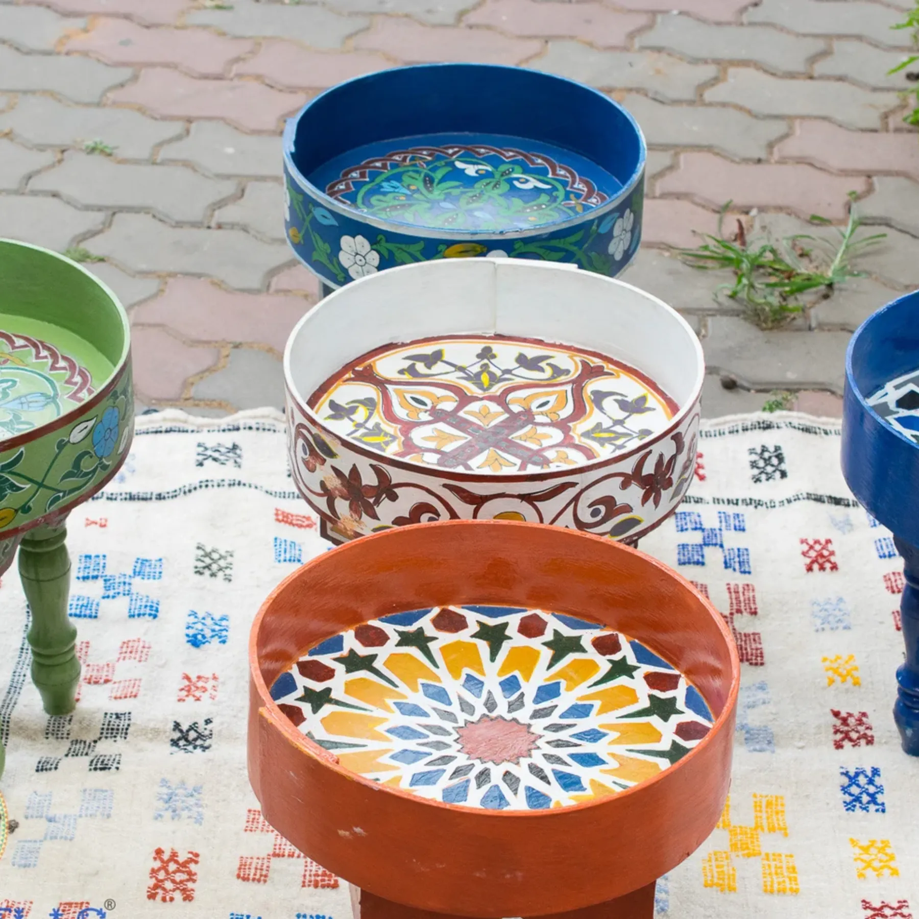Hand-Painted Moroccan Round Coffee Table with Moorish Arches