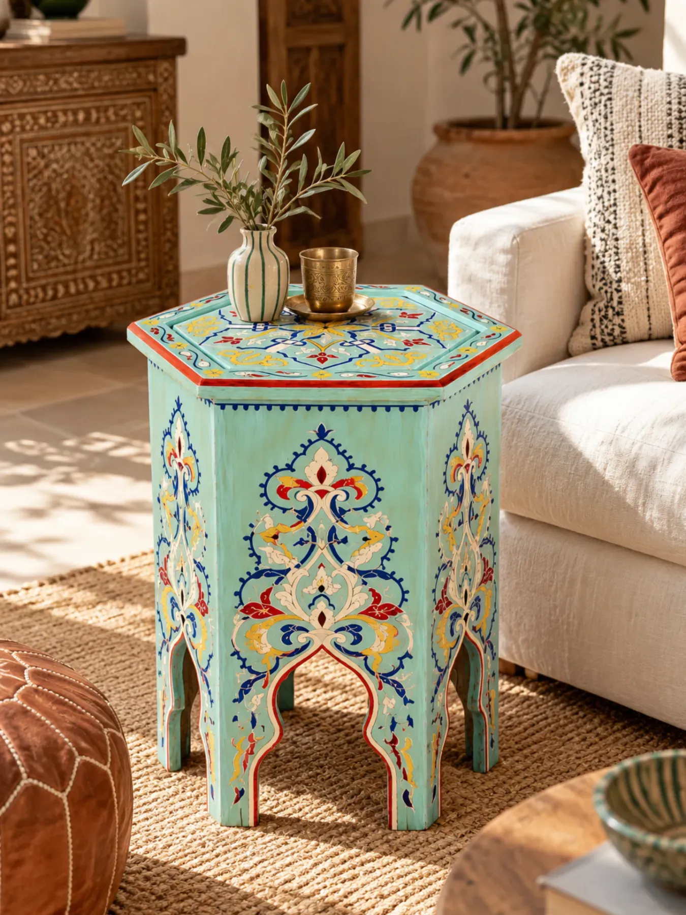 Hand-Painted Moroccan Wooden Side Table, Marrakech
